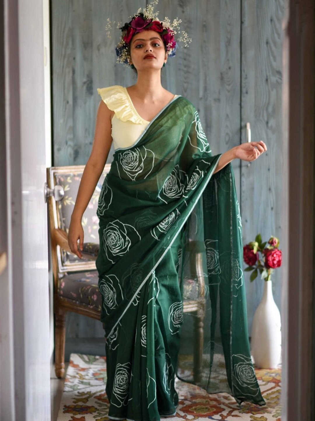 

Anouk Floral Pure Cotton Block Print Saree, Green