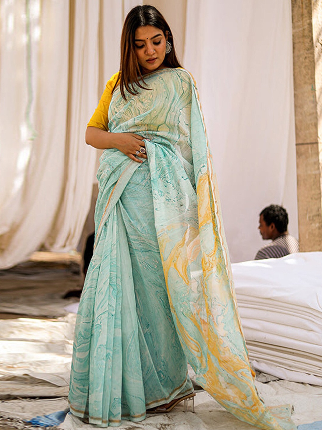 

Anouk Blue Abstract Printed Zari Pure Cotton Block Print Saree