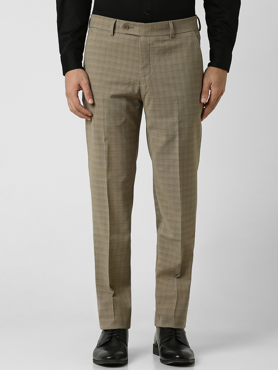 

Van Heusen Men Checked Slim Fit Mid-Rise Formal Trousers, Khaki