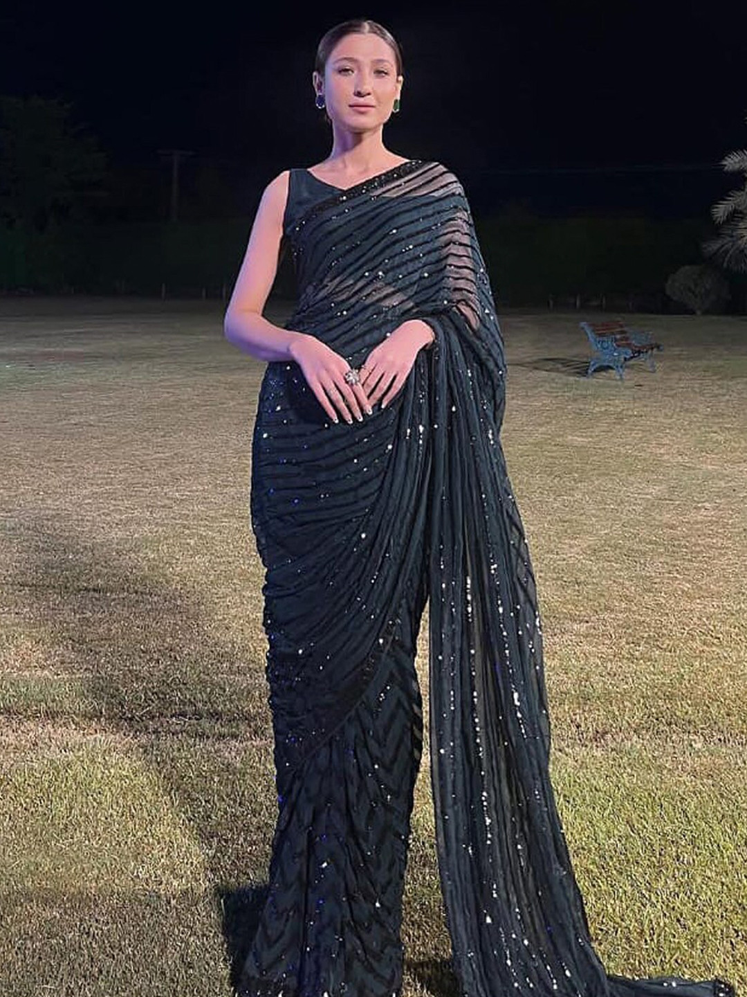 

Anouk Striped Sequinned Pure Georgette Saree, Black