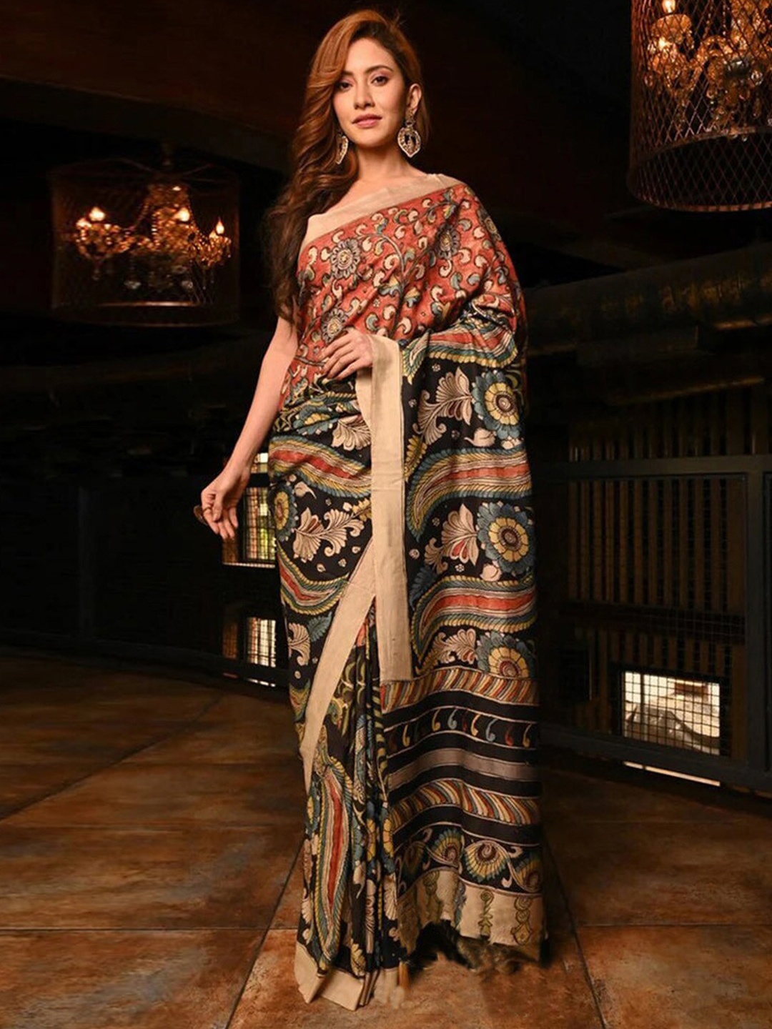 

Anouk Ethnic Motifs Printed Cotton Linen Baluchari Saree, Brown