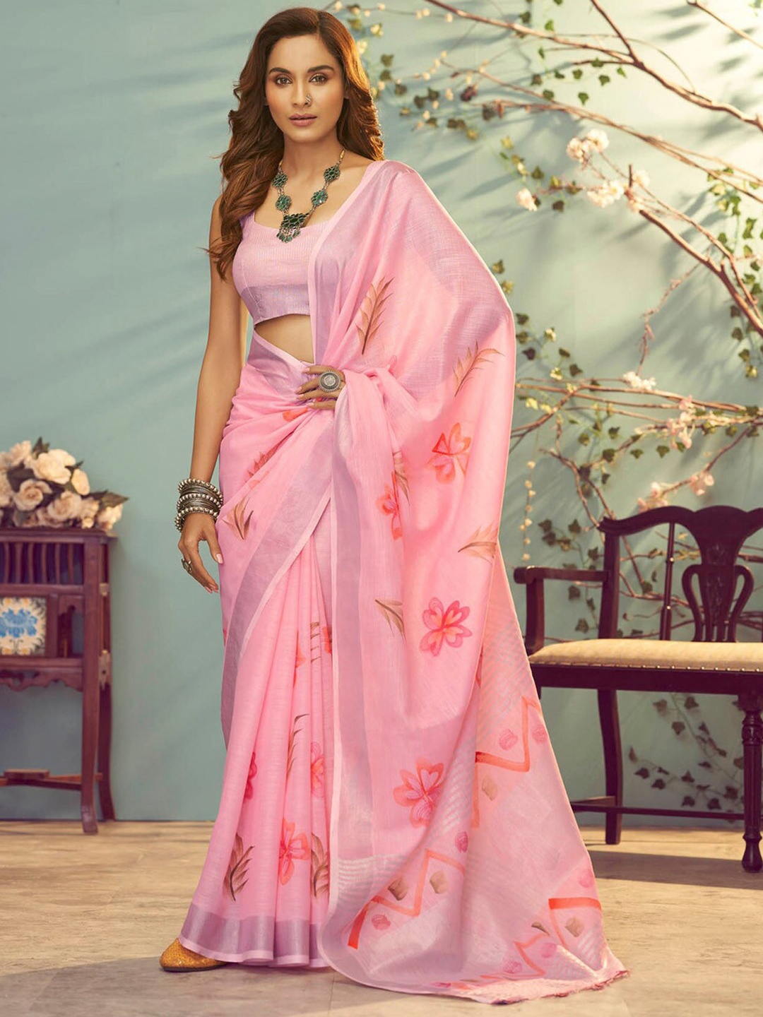 

Anouk Floral Woven Design Pure Cotton Bagru Saree, Pink