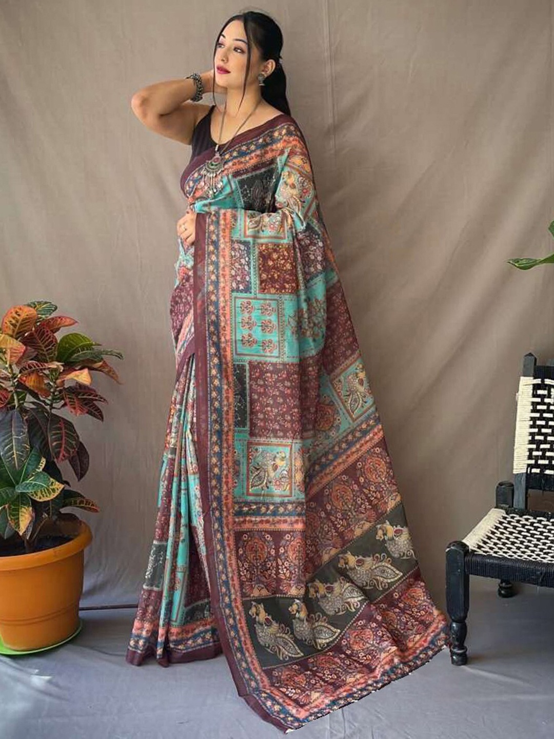 

Anouk Kalamkari Pure Cotton Baluchari Saree, Blue