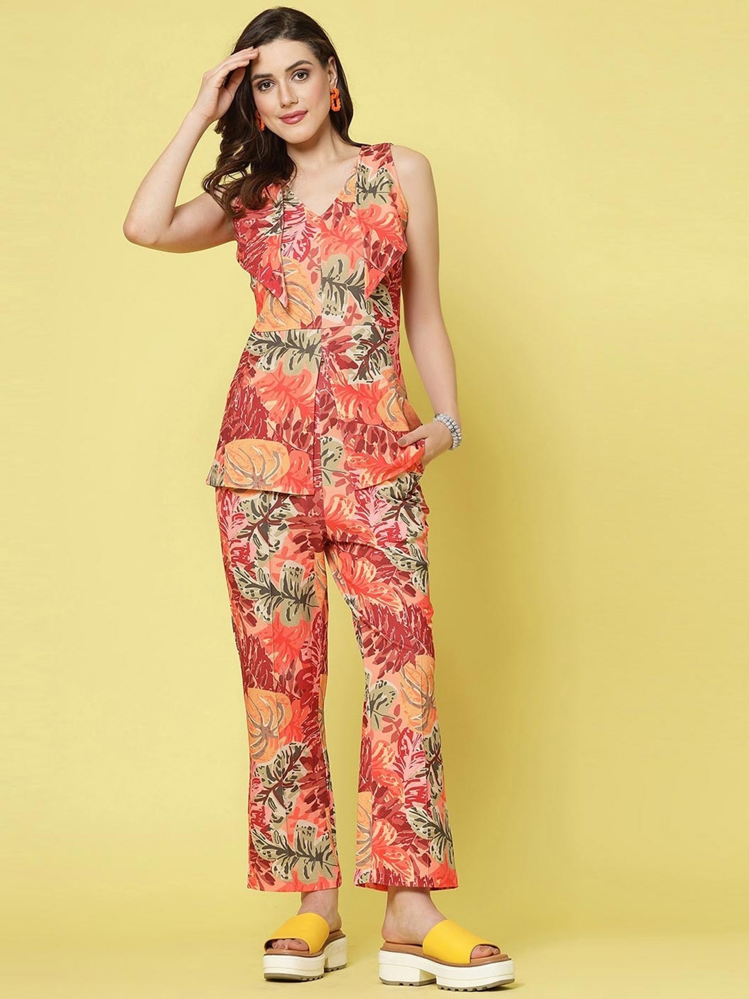 

Divyadham Textiles Tropical Printed V-Neck Sleeveless Top With Trousers, Orange