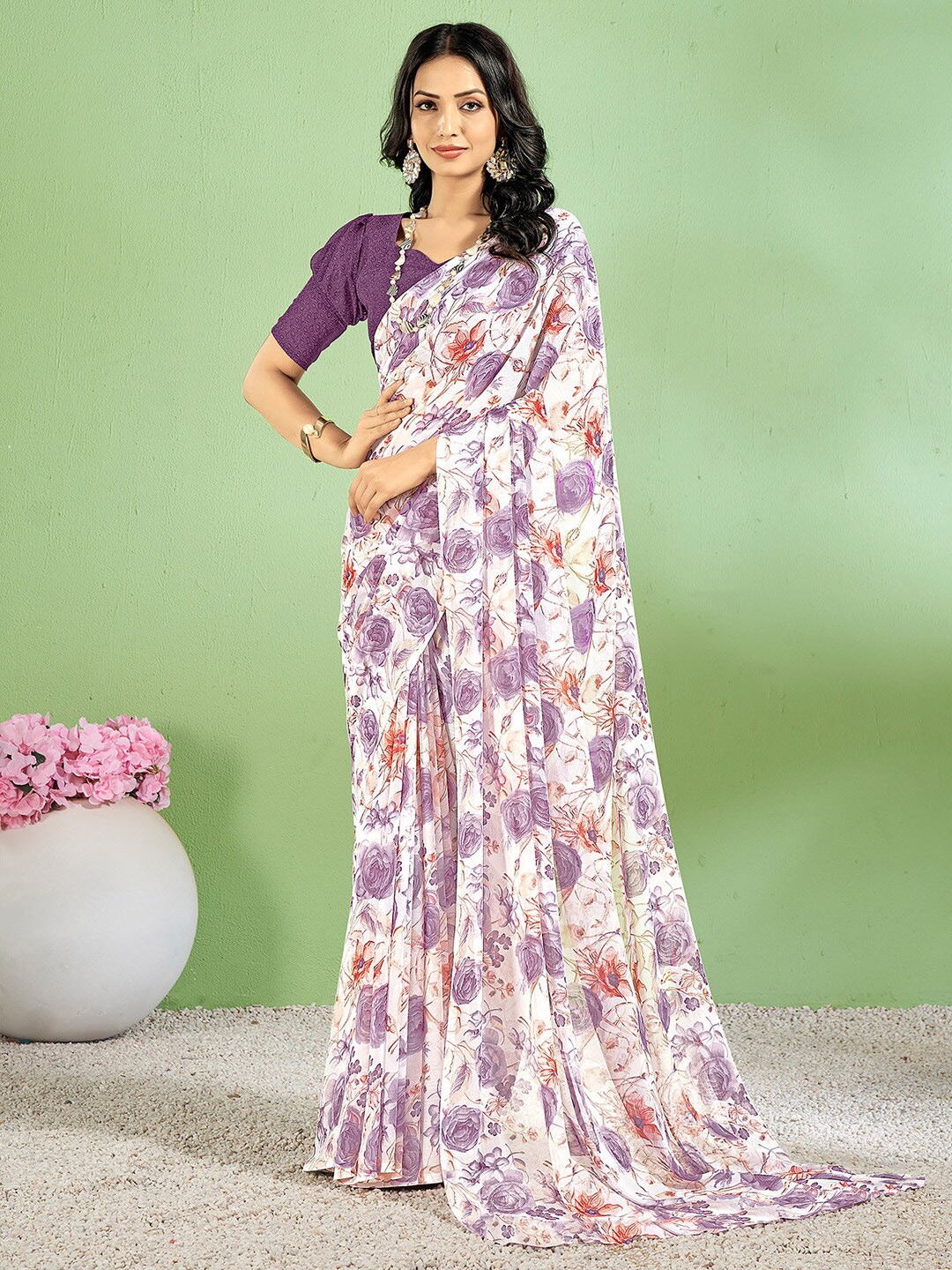 

Anouk Rustic Floral Pure Chiffon Bagh Saree, White