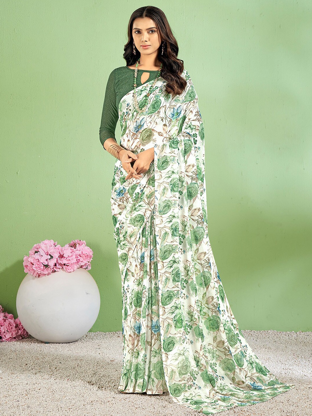 

Anouk Rustic White Floral Printed Pure Chiffon Bagh Saree