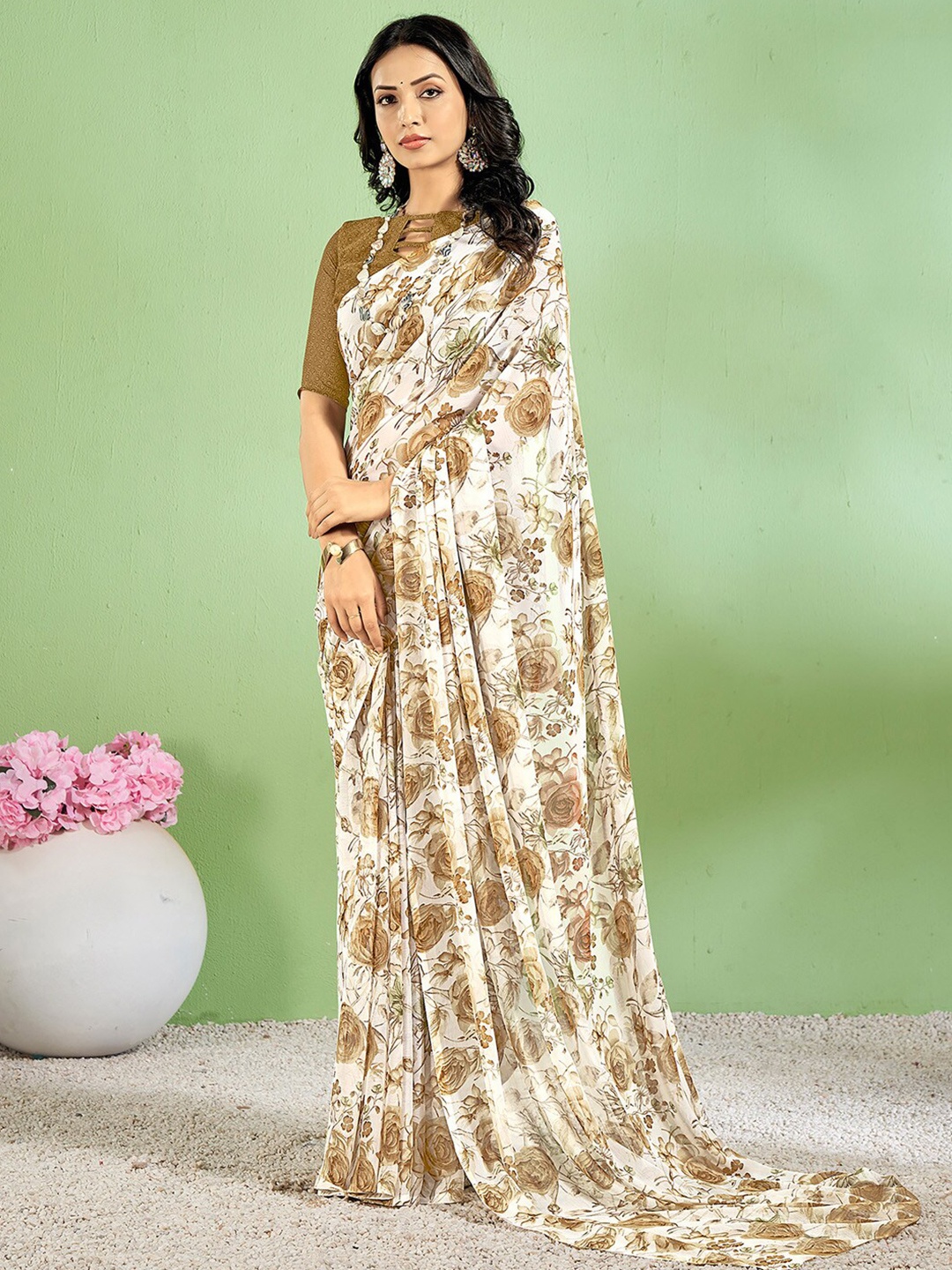 

Anouk Rustic Floral Printed Pure Chiffon Bagh Saree, White