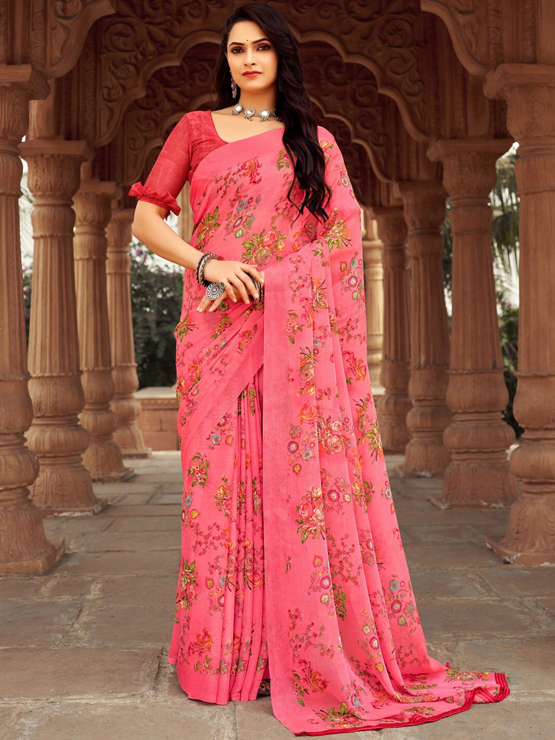 

Anouk Rustic Pink Floral Printed Pure Chiffon Bagh Saree