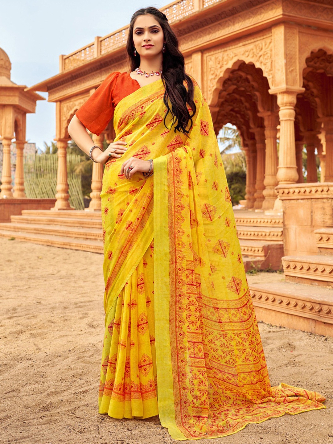 

Anouk Rustic Yellow Floral Printed Pure Chiffon Bagh Saree