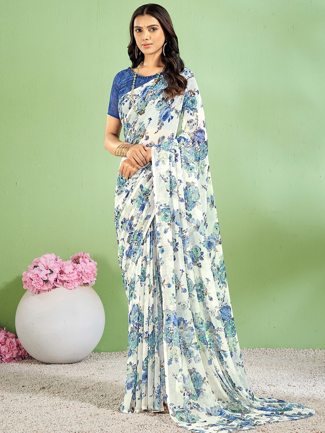 

Anouk Floral Pure Chiffon Bagh Saree, White