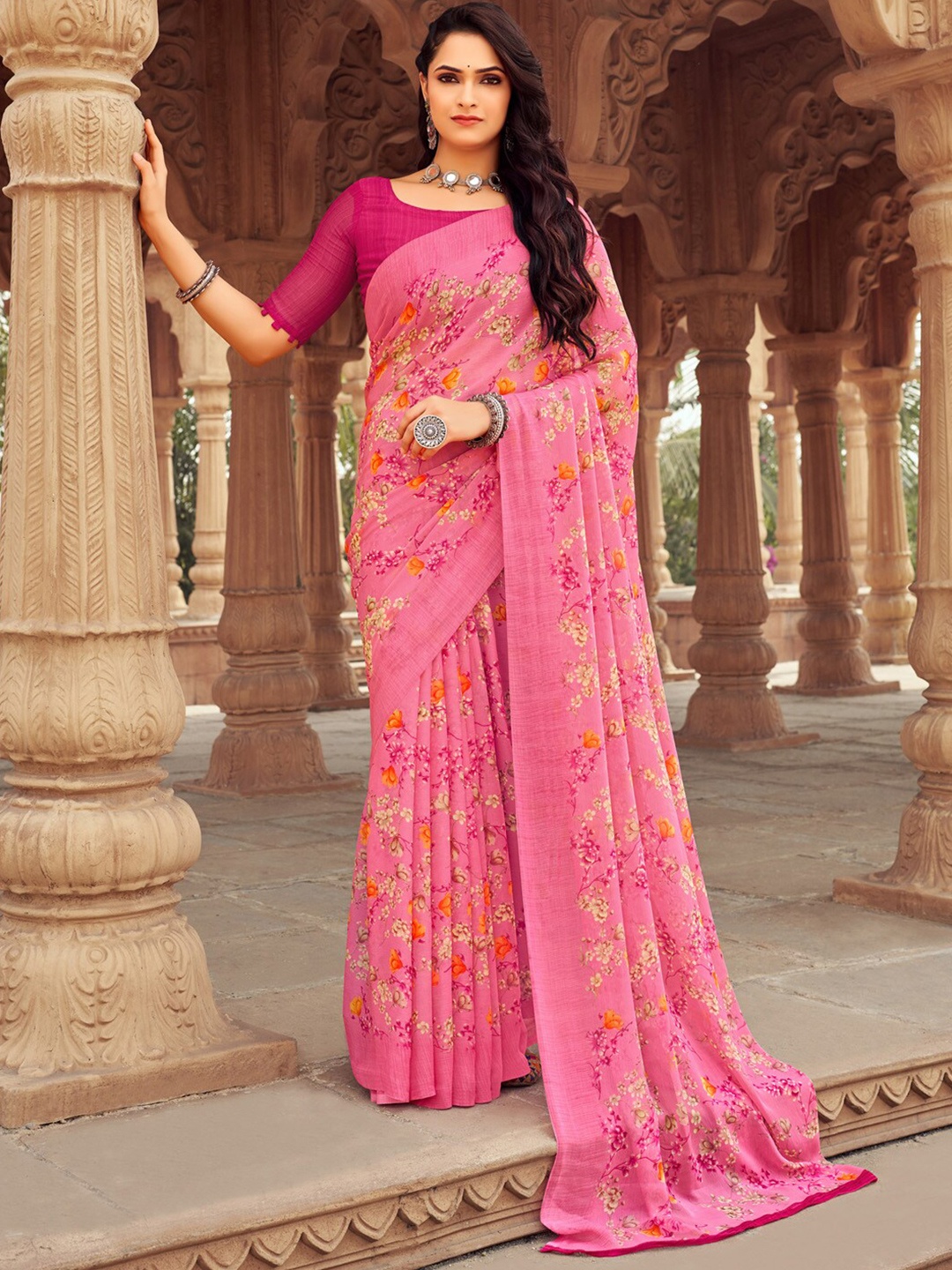 

Anouk Floral Printed Bagh Saree, Pink