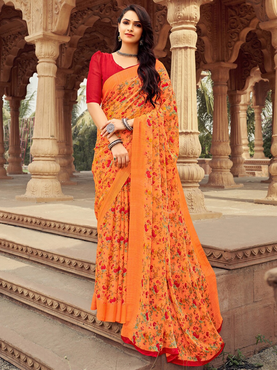 

Anouk Rustic Floral Printed Pure Chiffon Bagh Saree, Orange