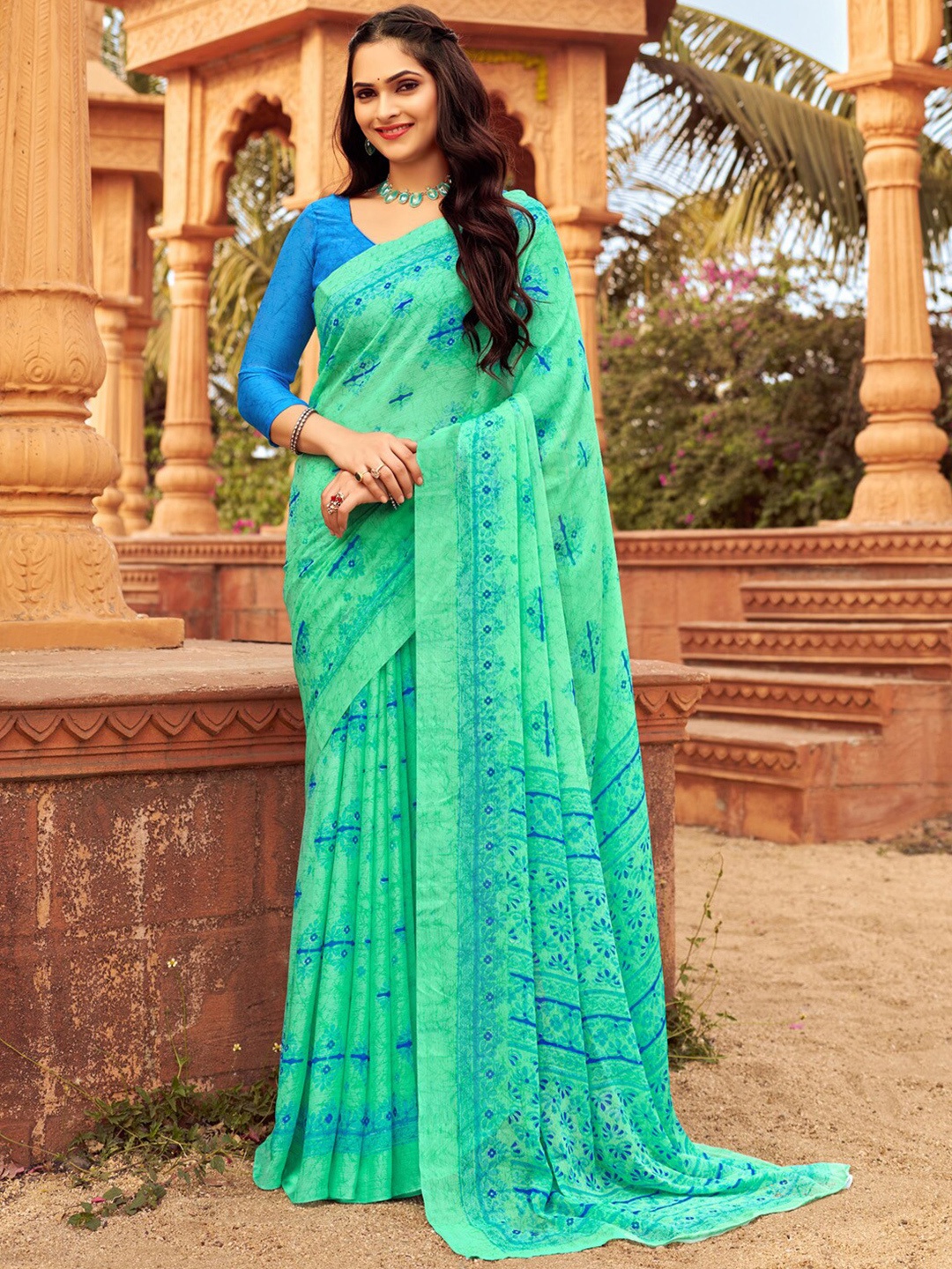 

Anouk Rustic Pure Chiffon Bagh Saree, Sea green