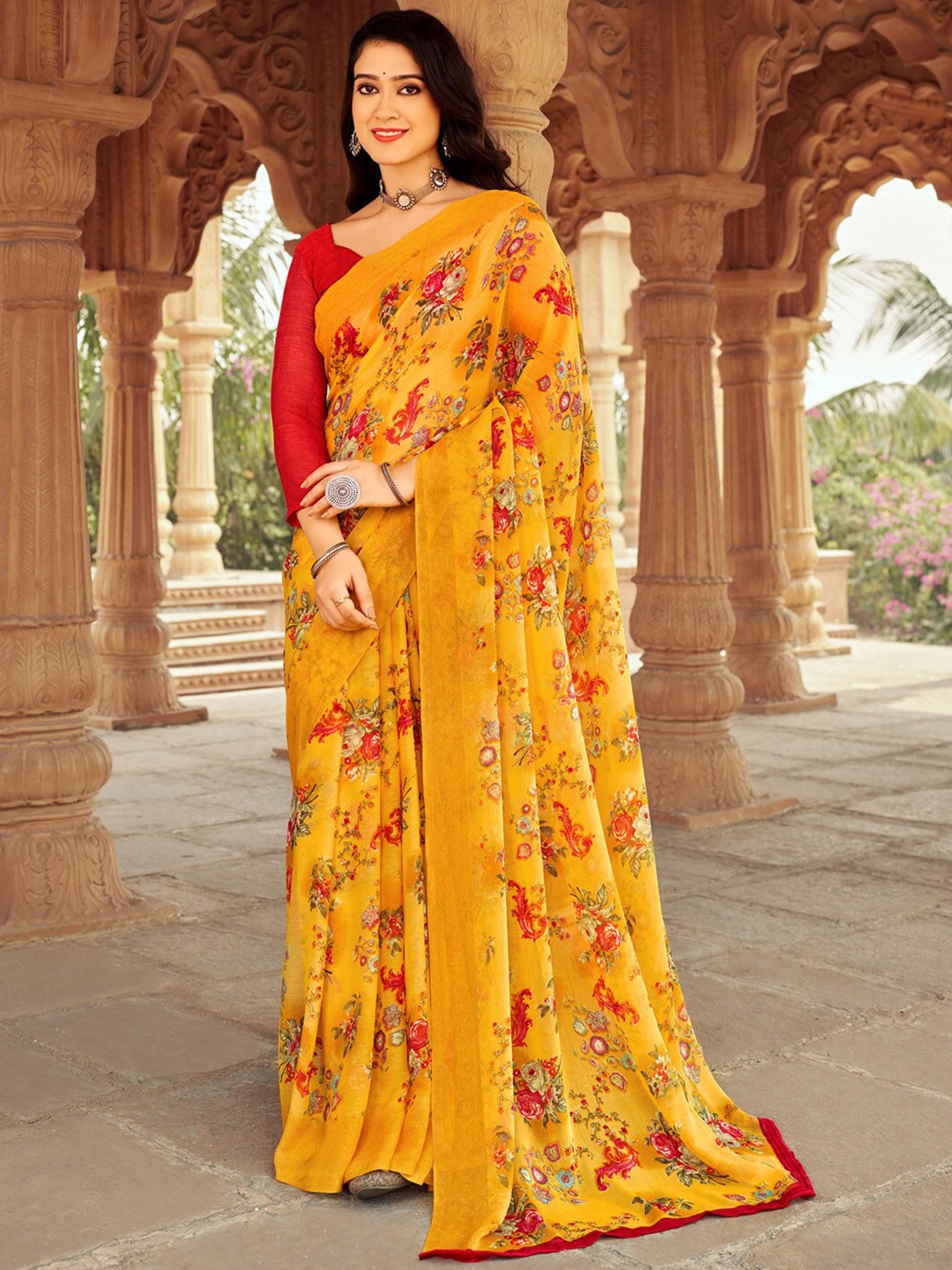 

Anouk Floral Printed Pure Chiffon Bagh Saree, Mustard
