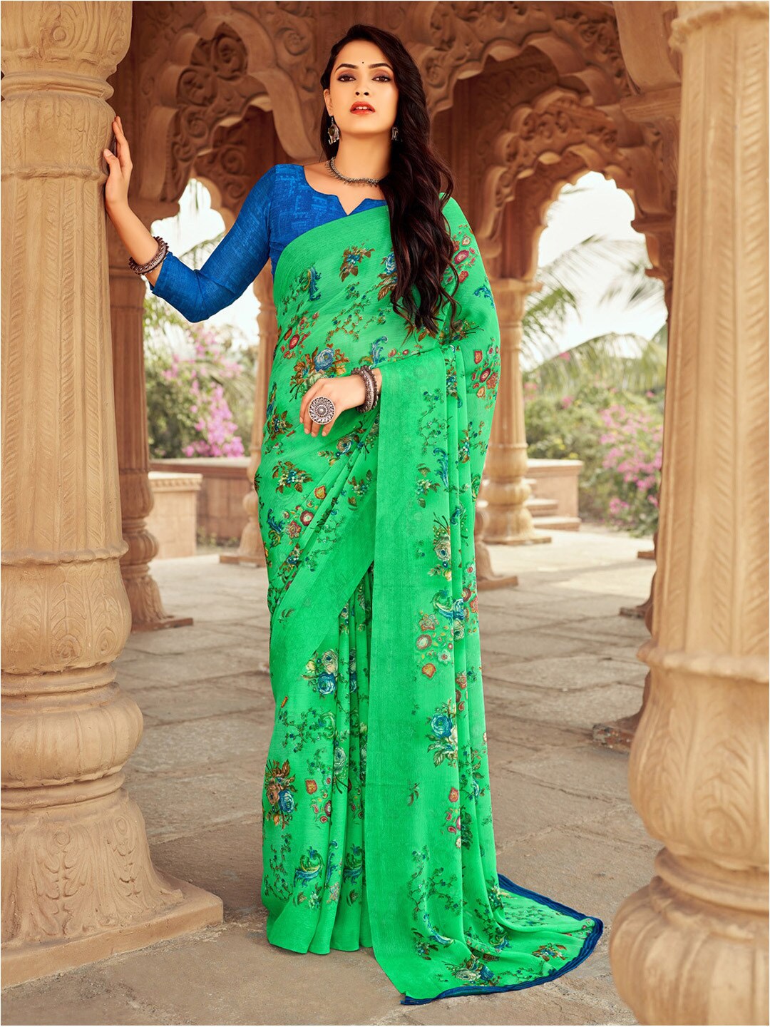 

Anouk Rustic Floral Pure Chiffon Narayan Peth Saree, Green