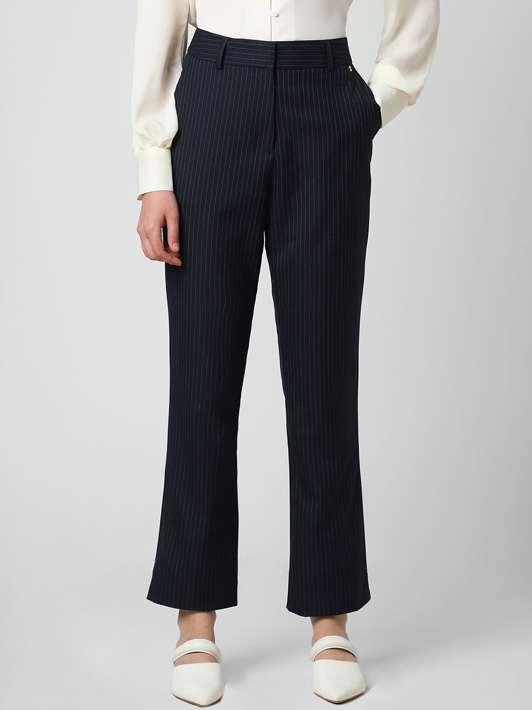 

Van Heusen Woman Women Striped Mid-Rise Formal Bootcut Trousers, Navy blue