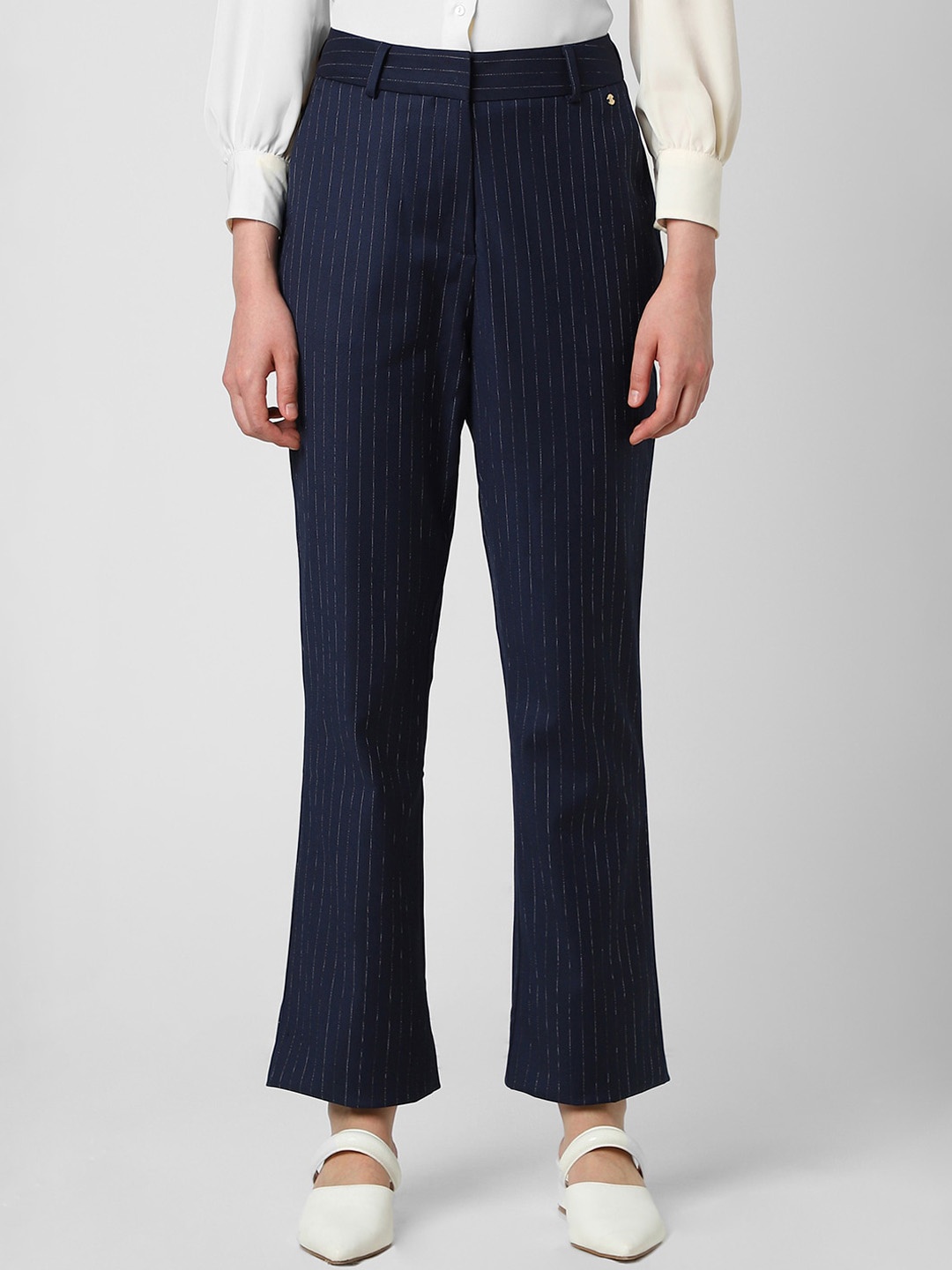 

Van Heusen Woman Women Striped Mid-Rise Formal Regular Trousers, Navy blue