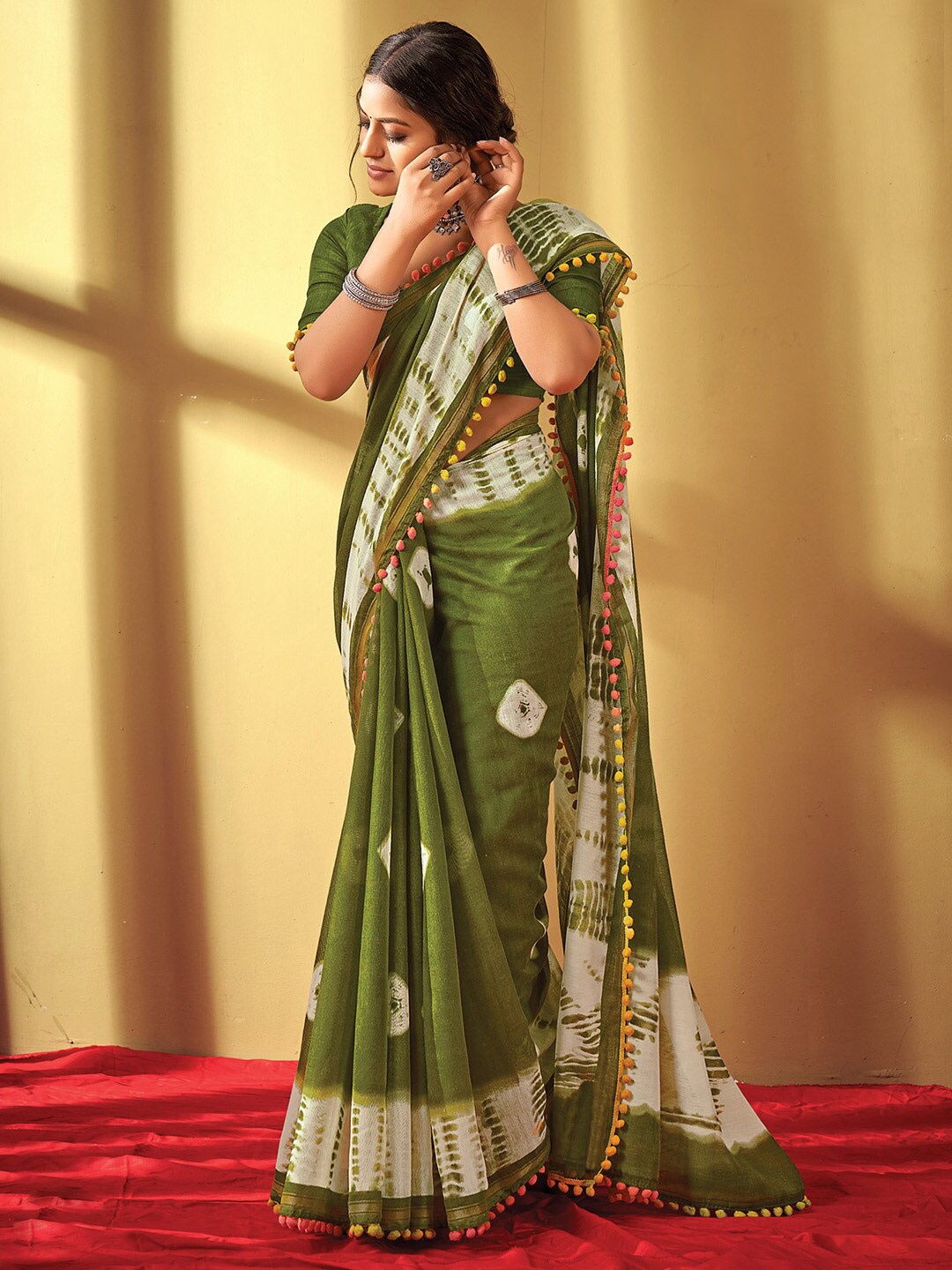 

KALINI Tie and Dye Bagru Saree, Green