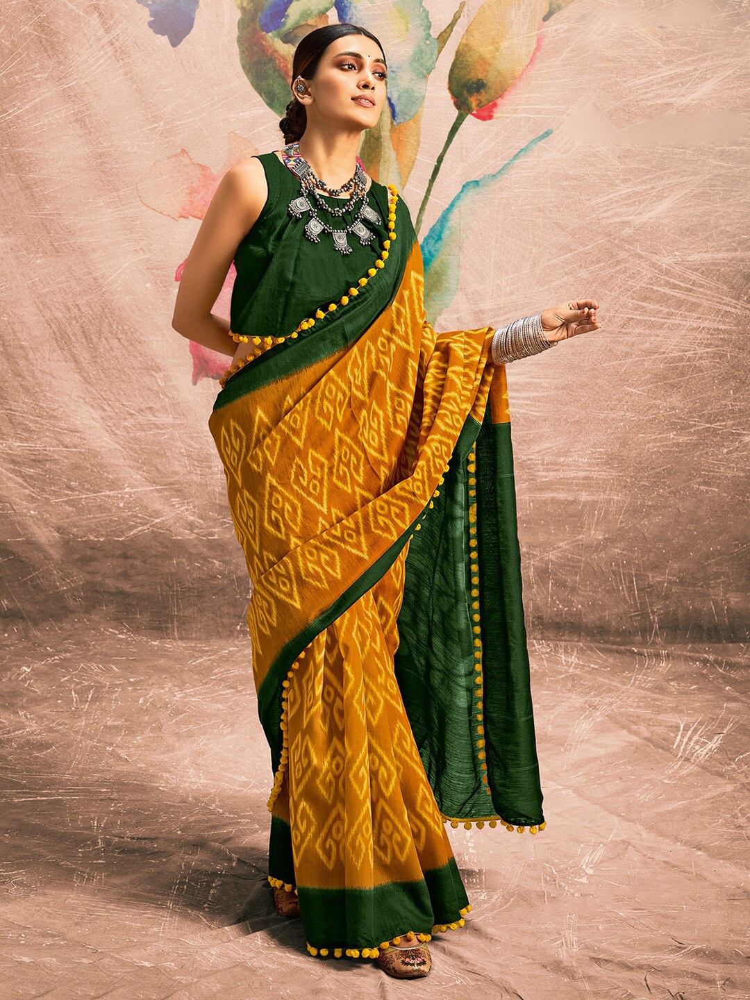 

KALINI Ethnic Motifs Bagru Saree, Mustard