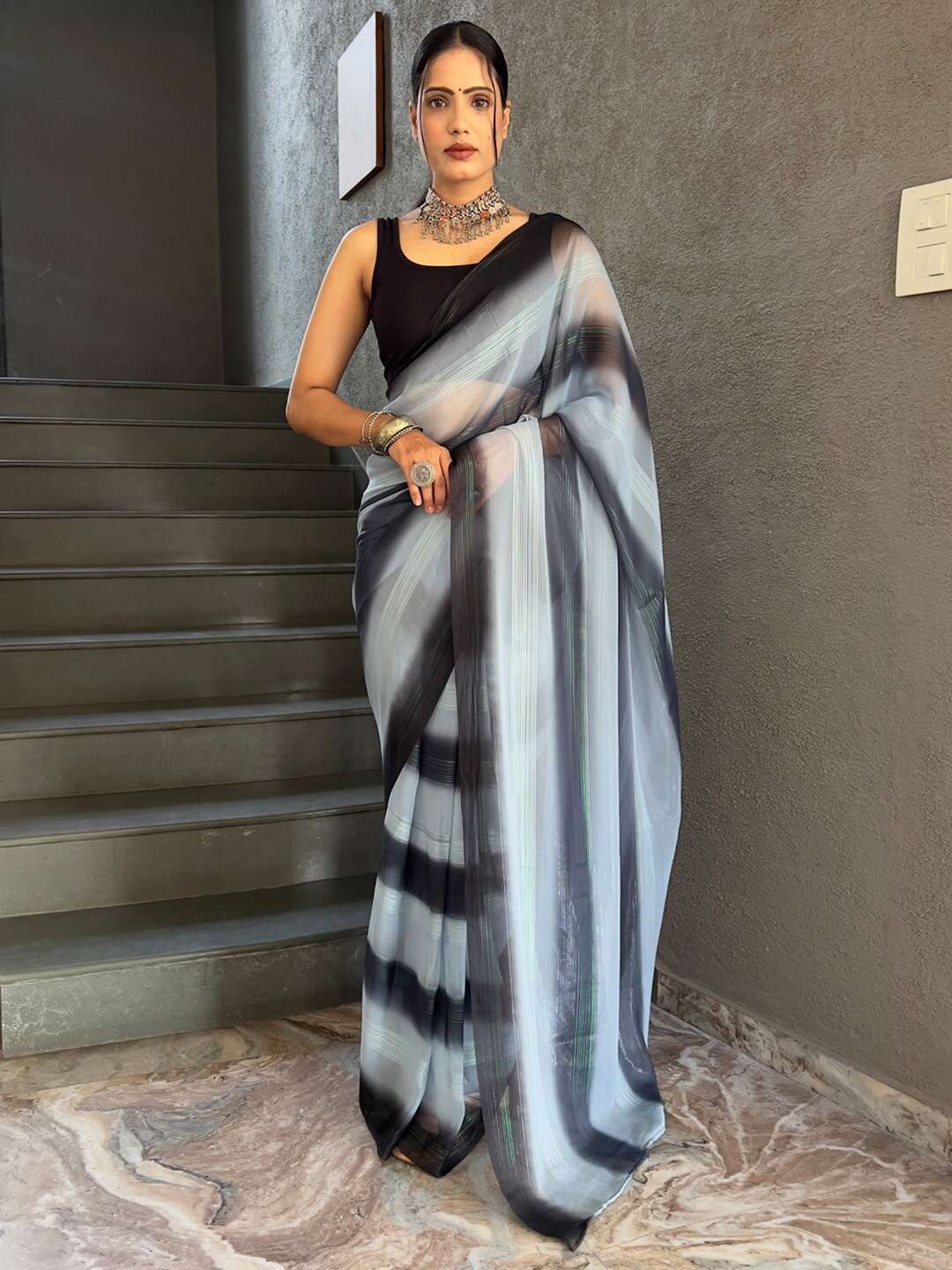 

KALINI Striped Pure Georgette Saree, Grey