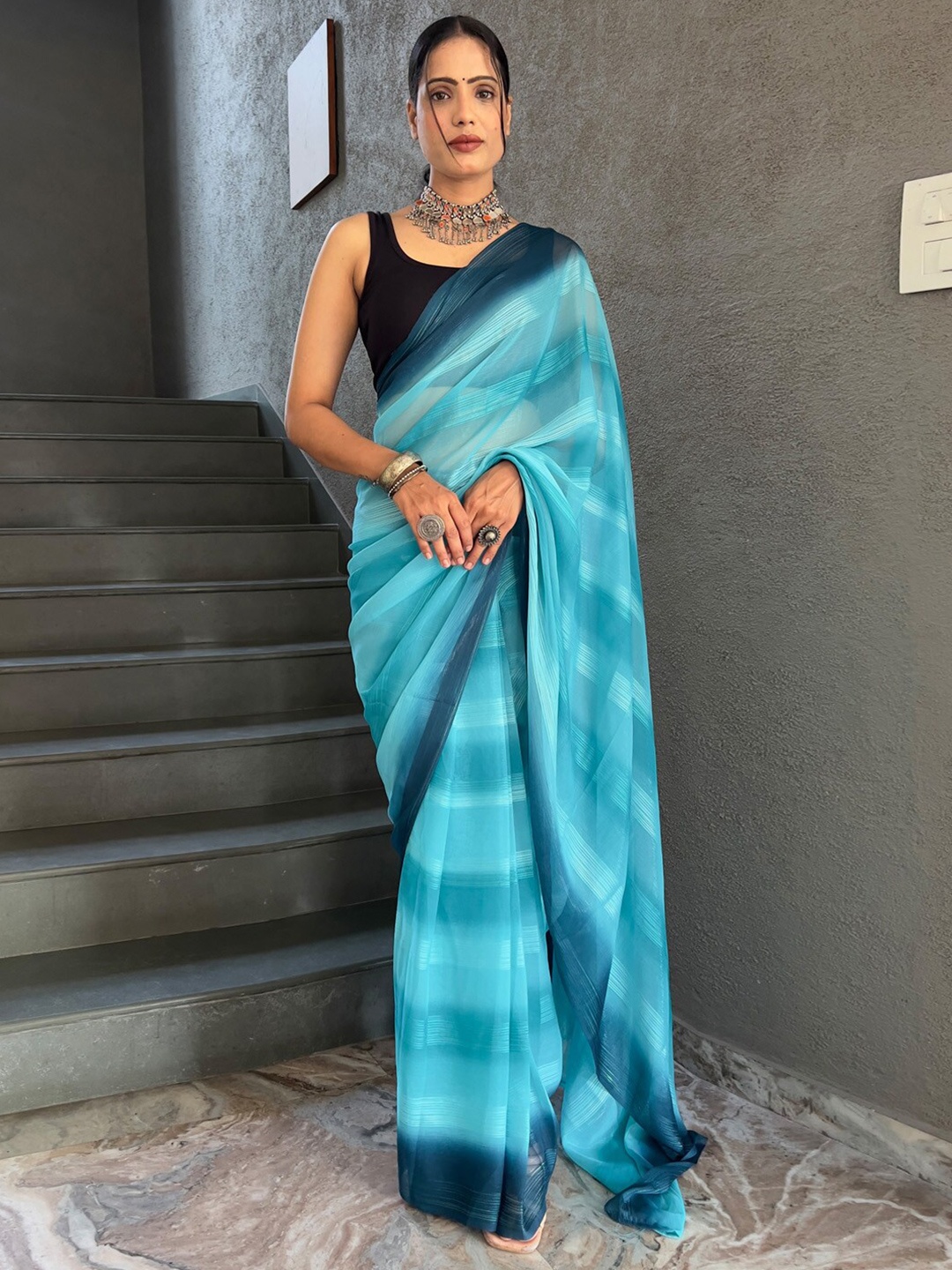 

KALINI Striped Pure Georgette Saree, Blue