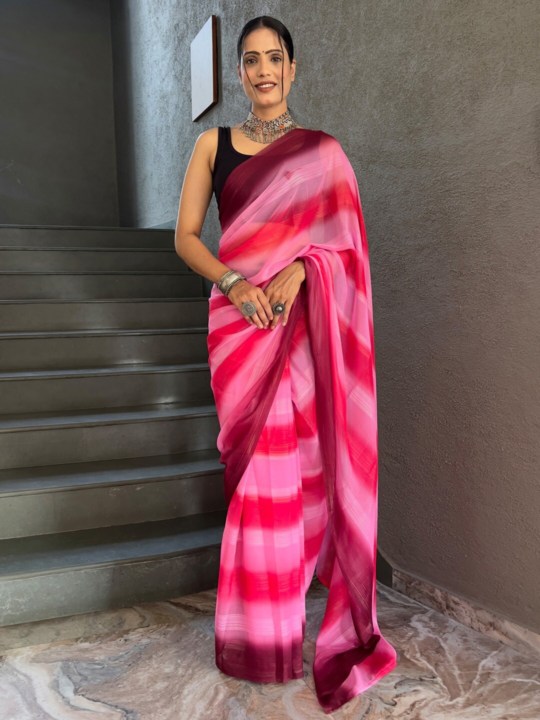 

KALINI Striped Pure Georgette Party Wear Saree, Pink