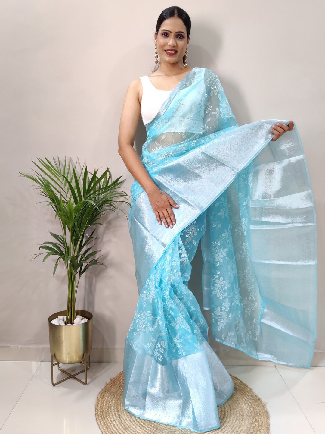 

KALINI Floral Embroidered Zari Organza Saree, Blue
