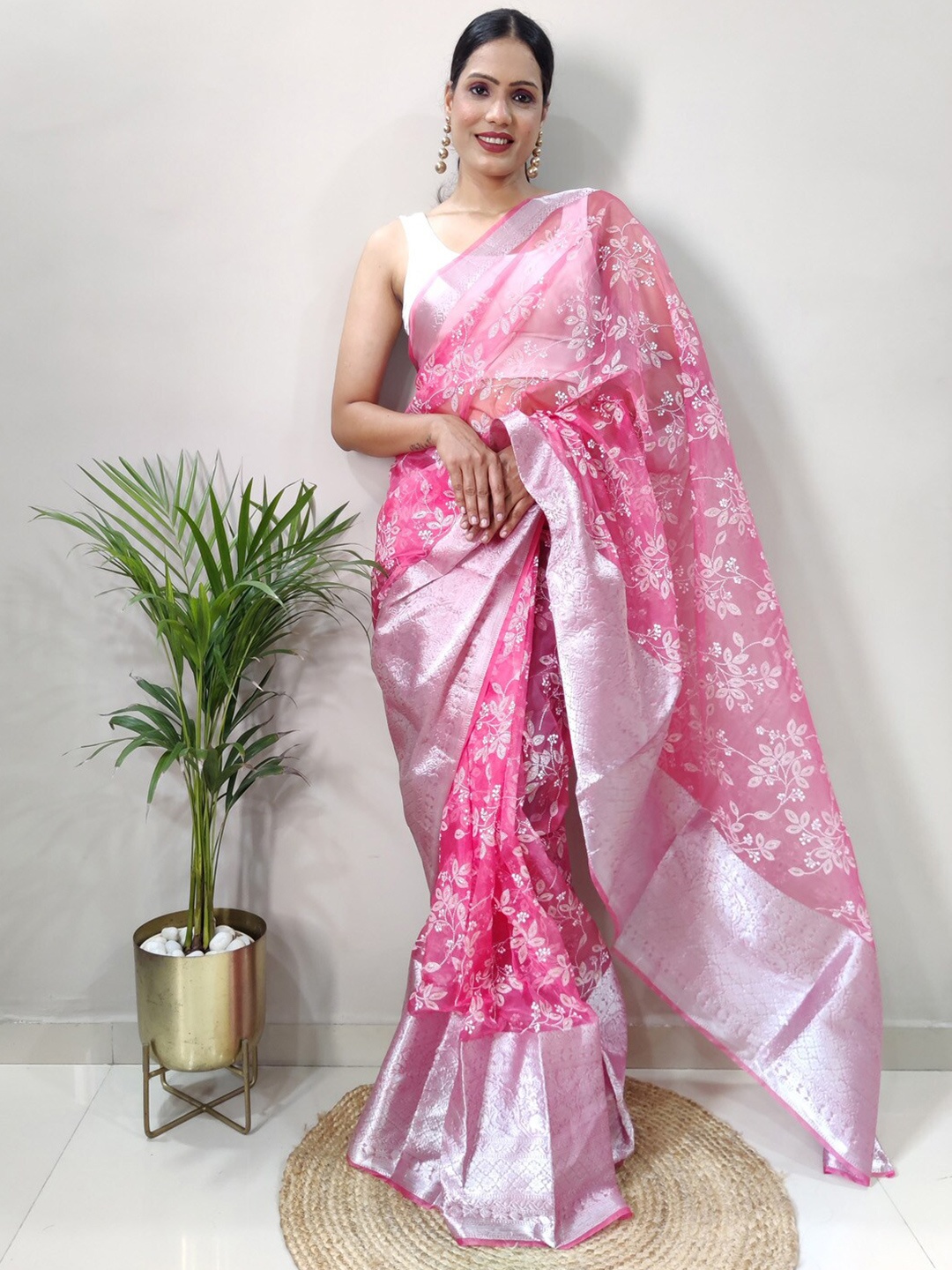 

KALINI Floral Woven Design Zari Organza Party Wear Saree, Pink