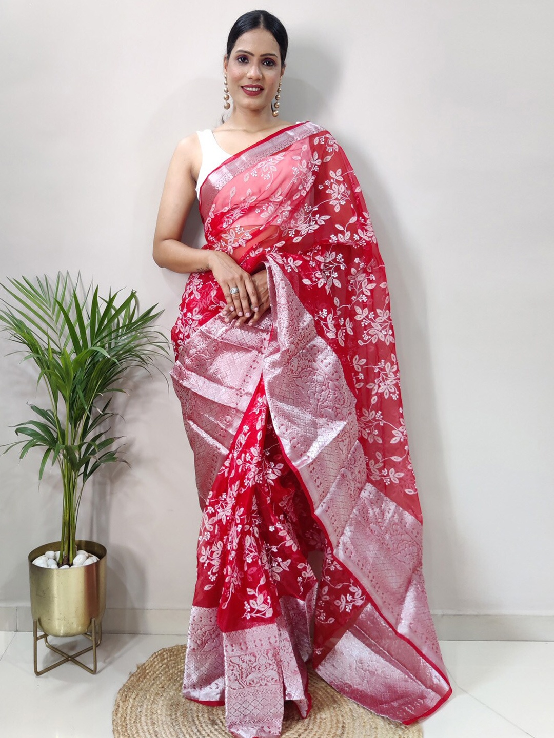 

KALINI Floral Printed Zari Organza Ready To Wear Saree, Red