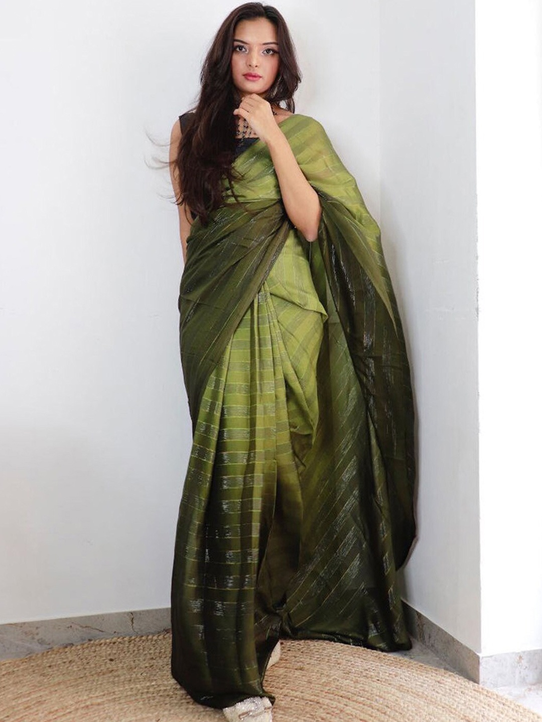 

KALINI Striped Zari Saree, Olive