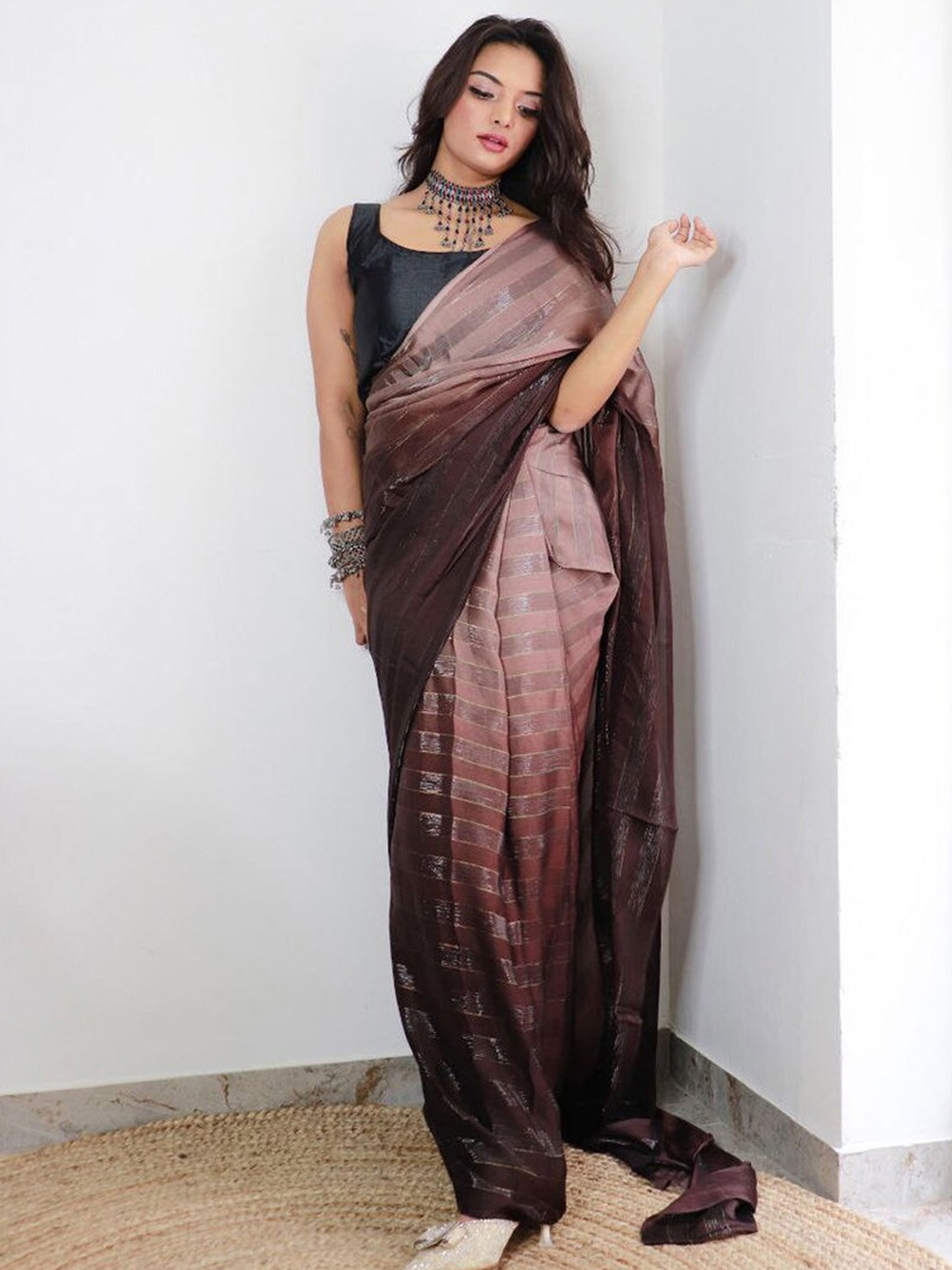 

KALINI Striped Ready to Wear Saree, Brown