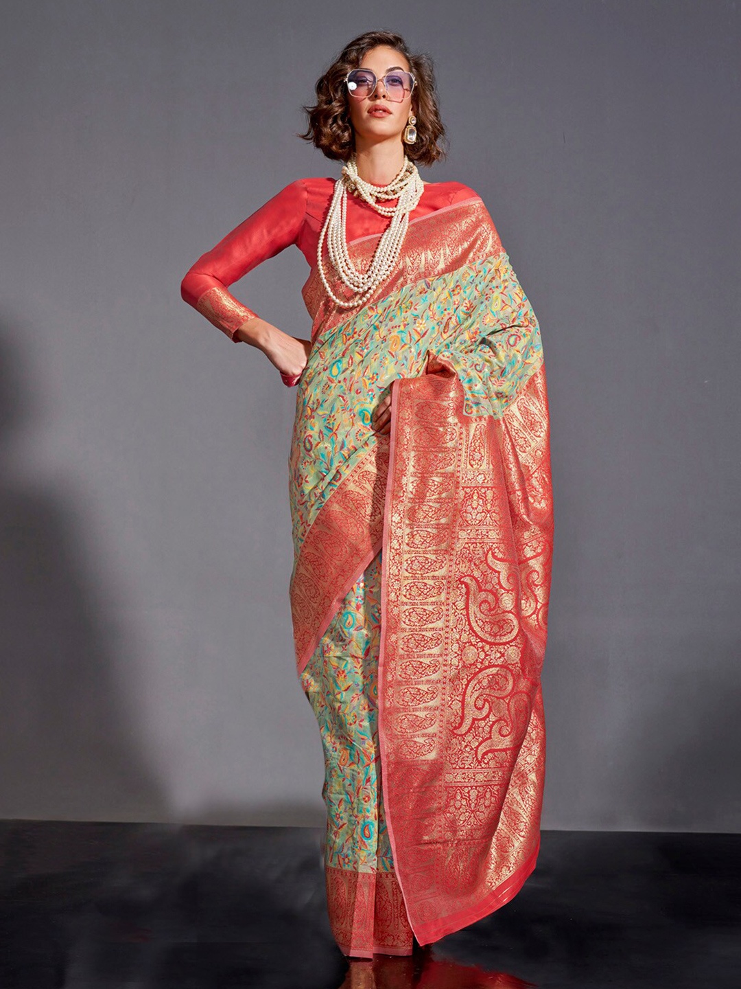 

Mitera Sea Green Woven Design Zari Banarasi Saree