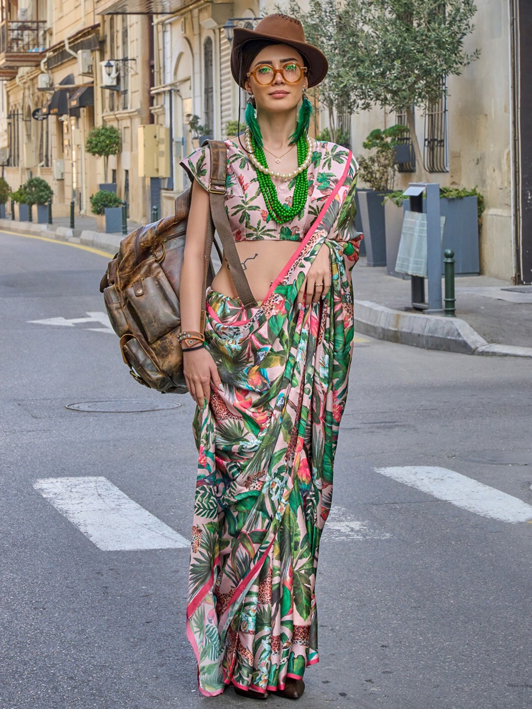 

Mitera Green Floral Printed Satin Bagru Saree