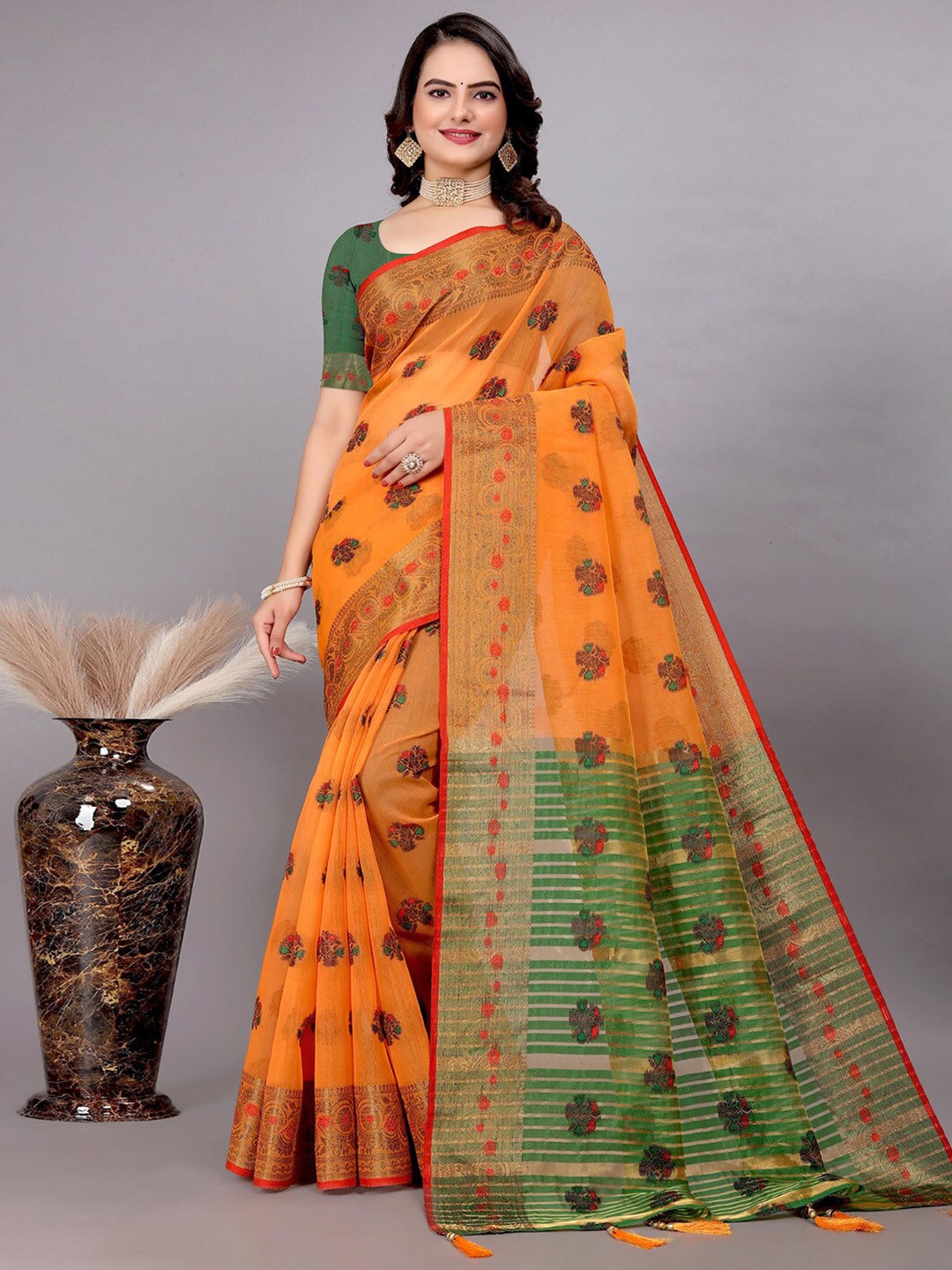 

Mitera Orange Ethnic Motifs Zari Banarasi Saree