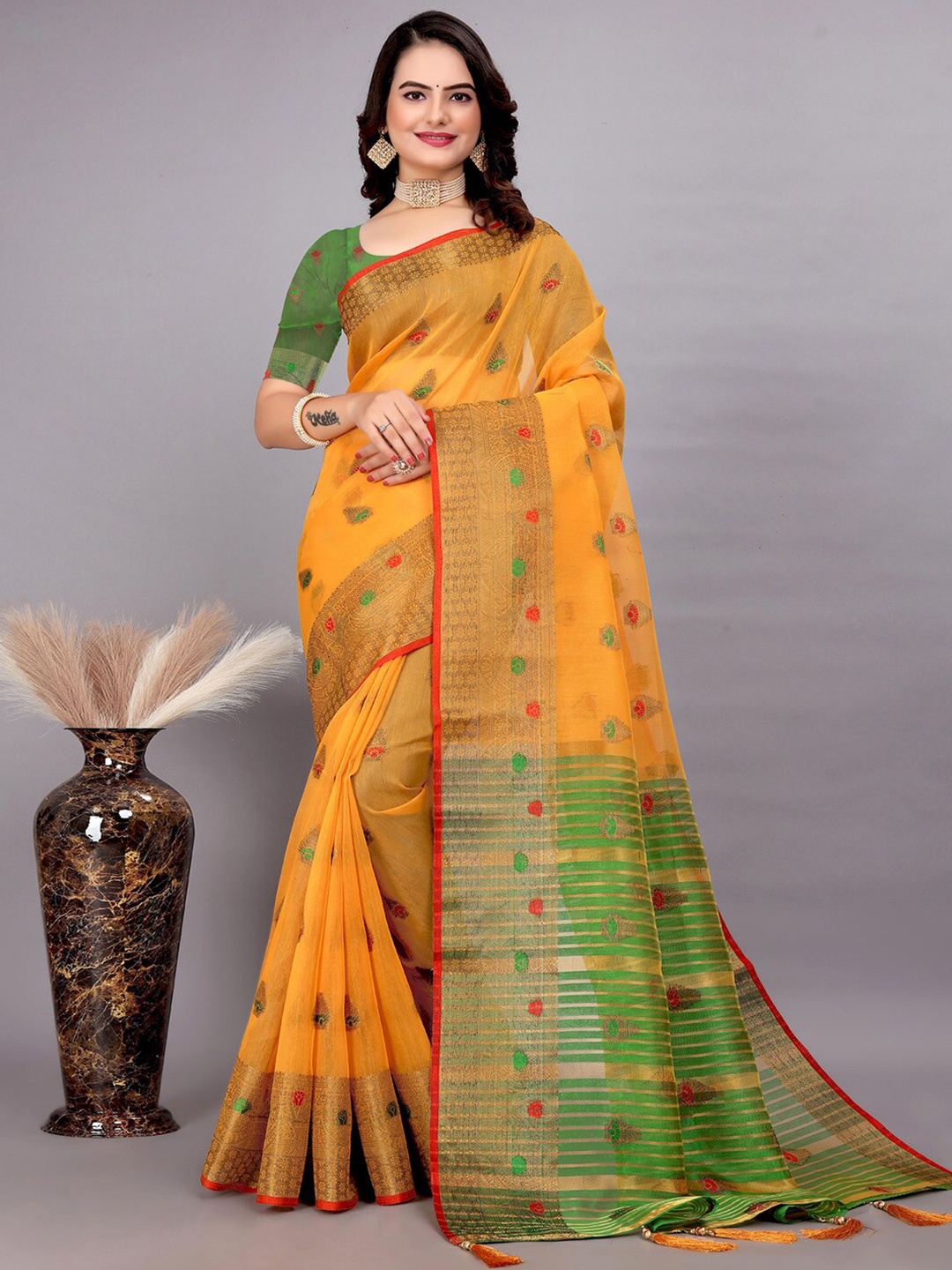 

Mitera Mustard Yellow Ethnic Motifs Woven Design Zari Banarasi Saree