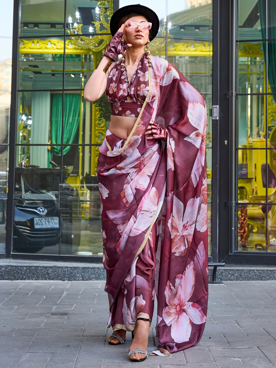

Mitera Brown Floral Printed Satin Bagru Saree