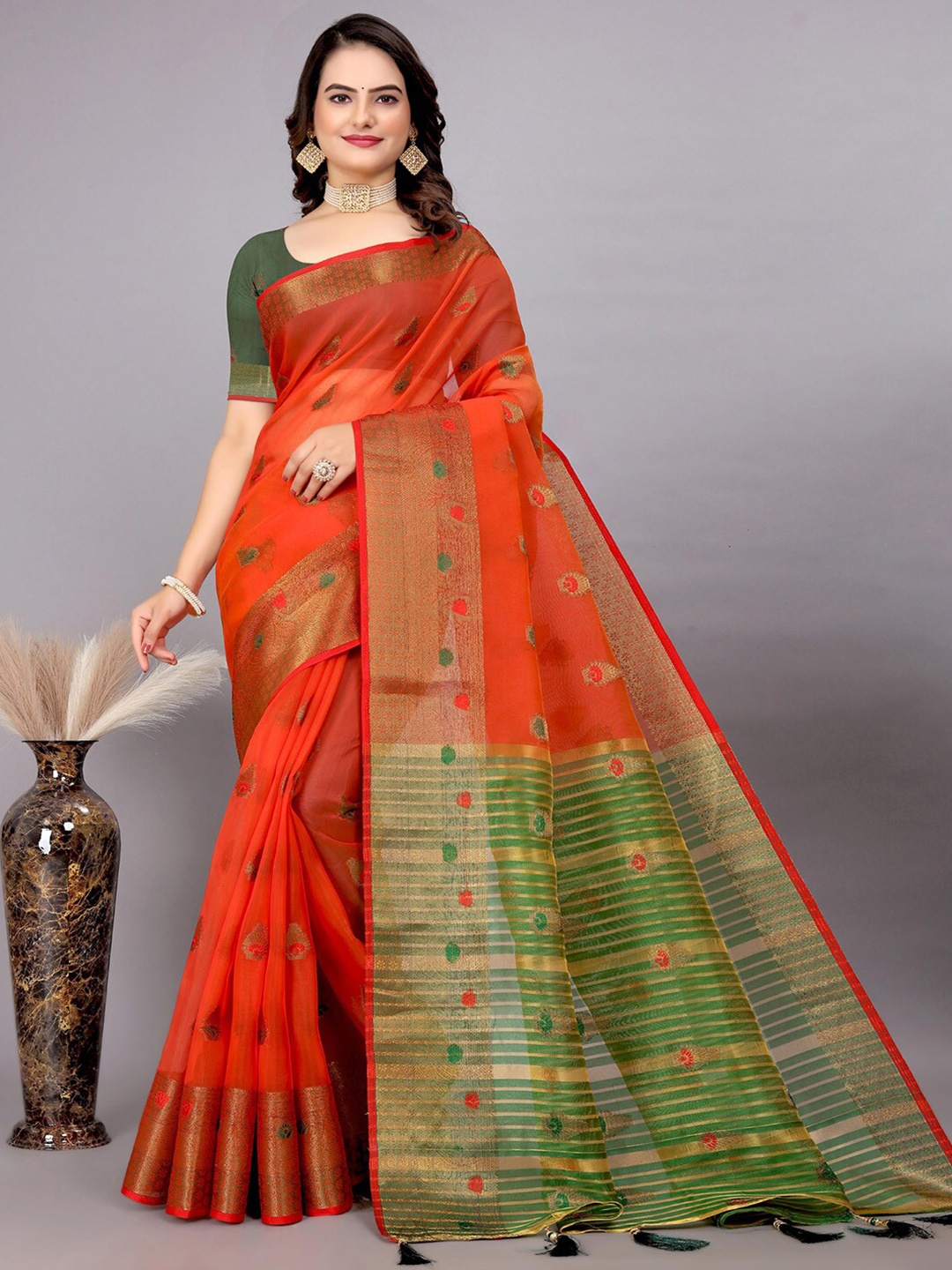 

Mitera Orange Ethnic Motifs Woven Design Zari Banarasi Saree