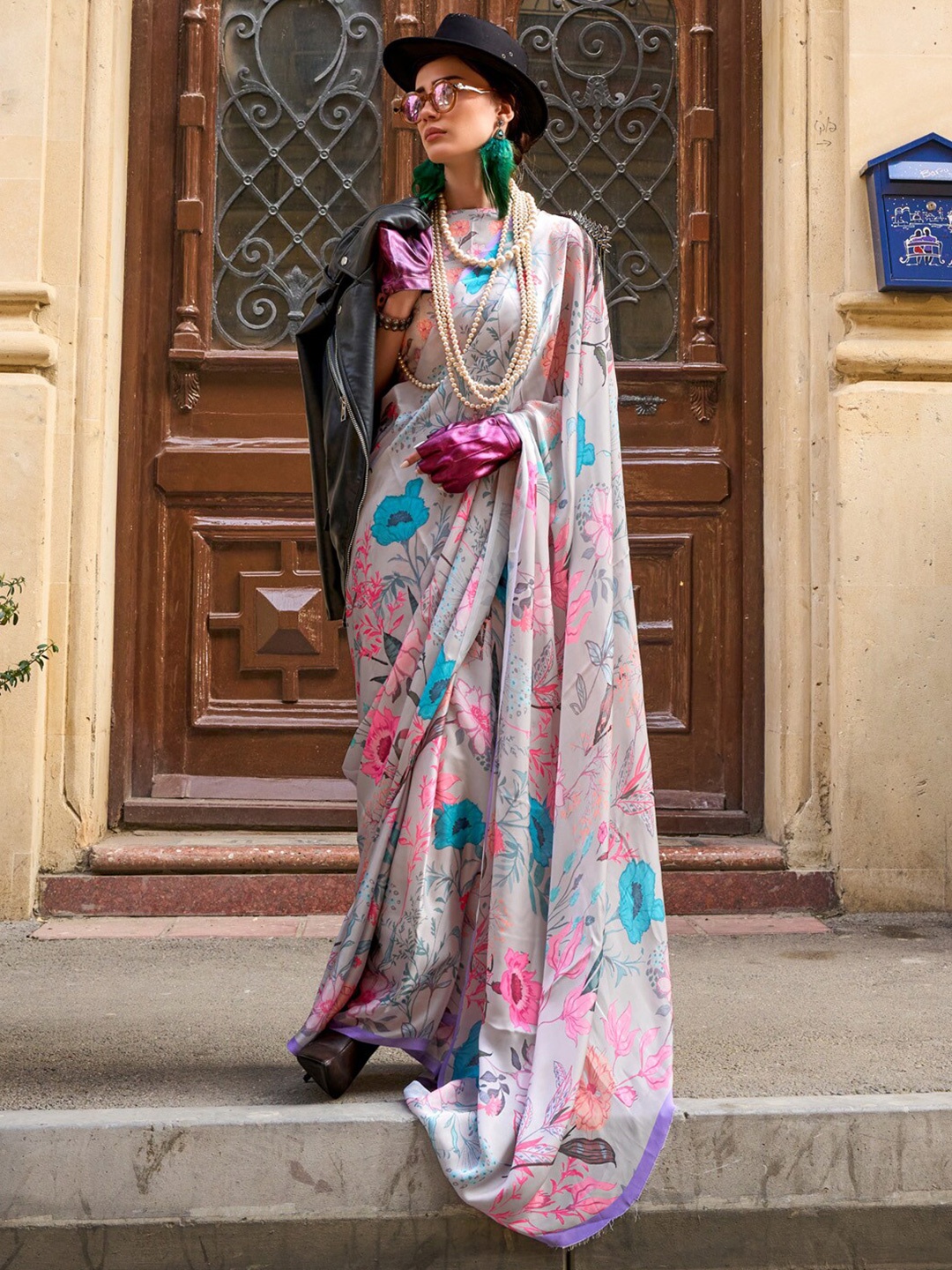 

Mitera Grey & Blue Floral Printed Satin Bagru Saree