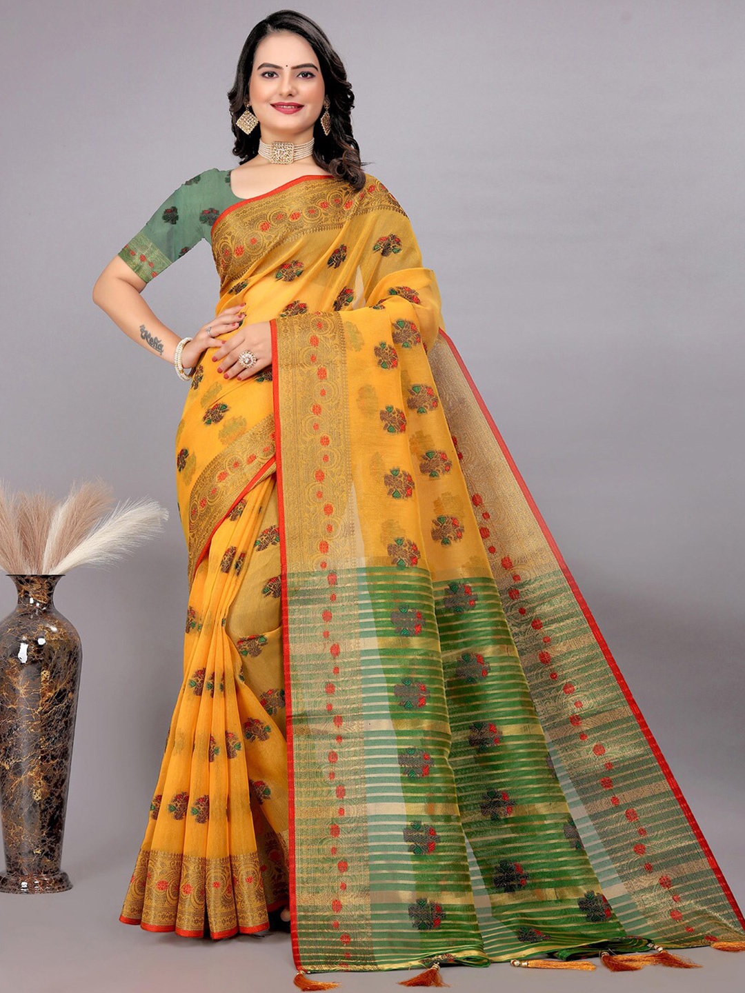 

Mitera Mustard Yellow Ethnic Motifs Woven Design Zari Banarasi Saree