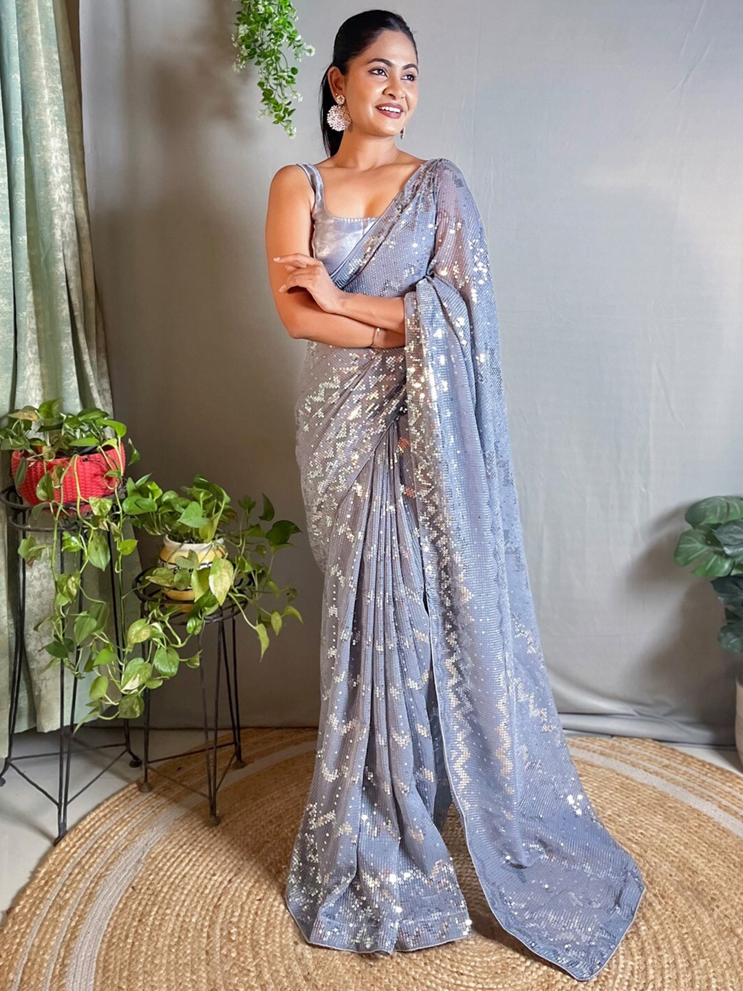 

Mitera Grey Embellished Sequinned Pure Georgette Saree