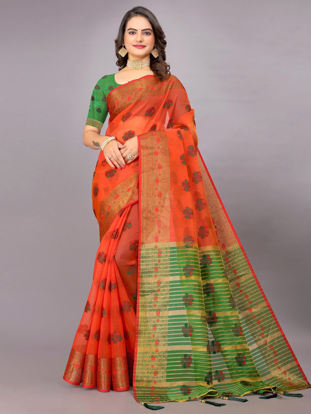 

Mitera Orange Floral Woven Design Zari Banarasi Saree