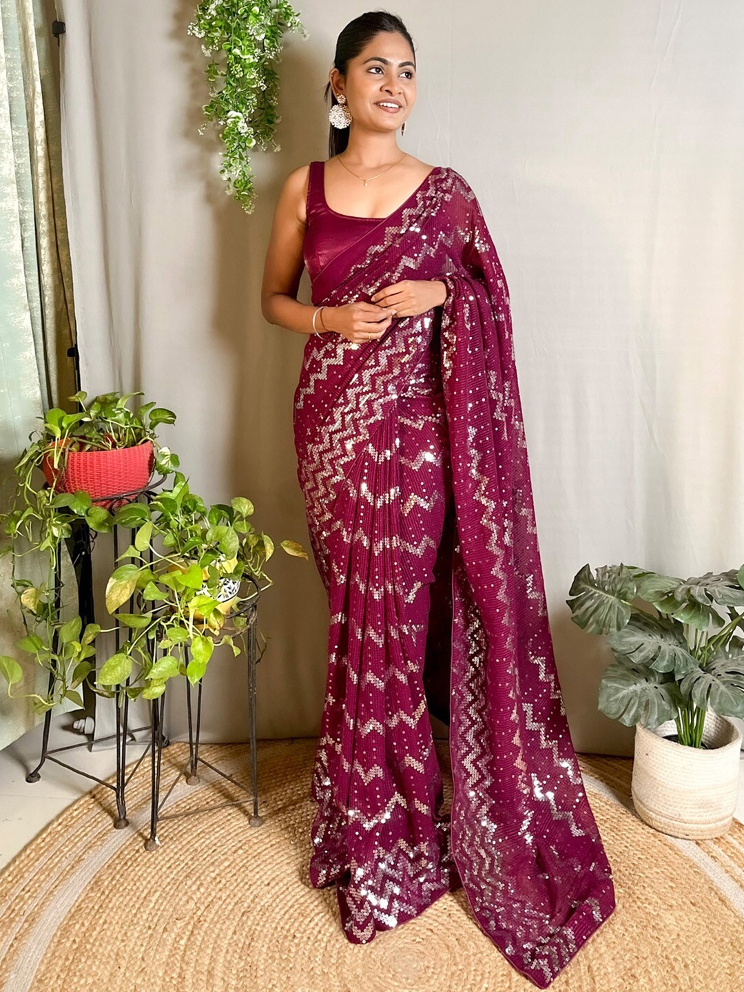 

Mitera Magenta Embellished Sequinned Pure Georgette Saree