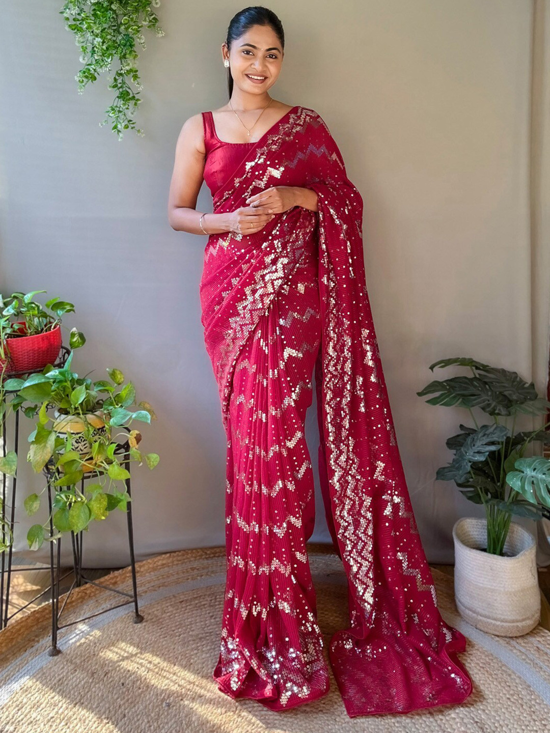 

Mitera Pink Embellished Sequinned Pure Georgette Saree