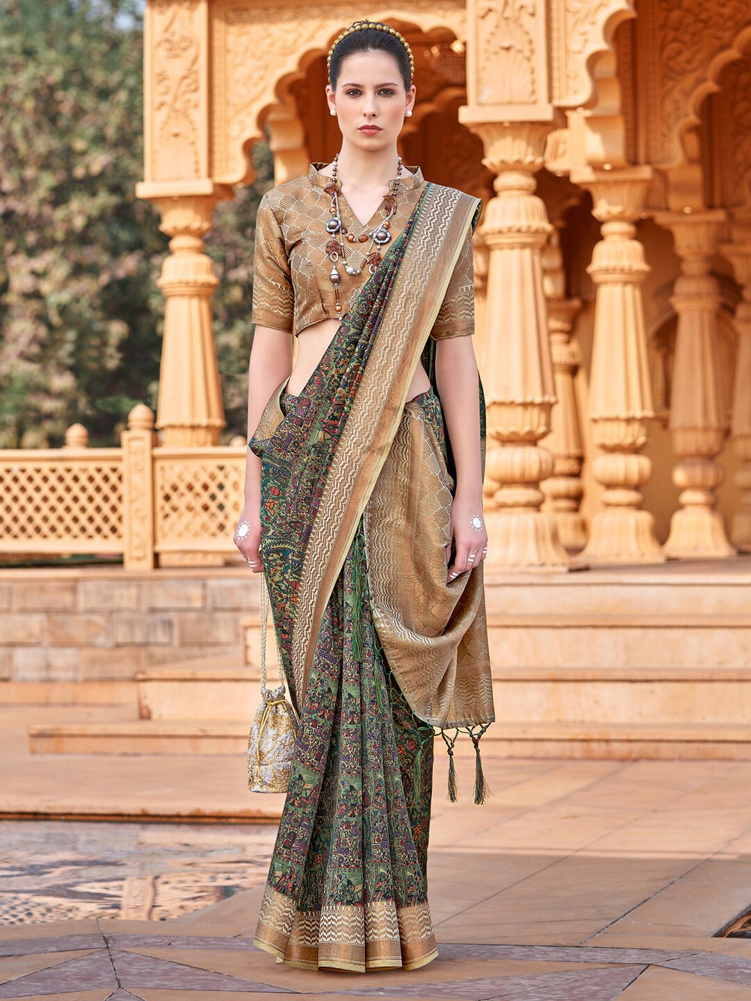 

Saree mall Ethnic Motifs Zari Silk Blend Banarasi Sarees, Green