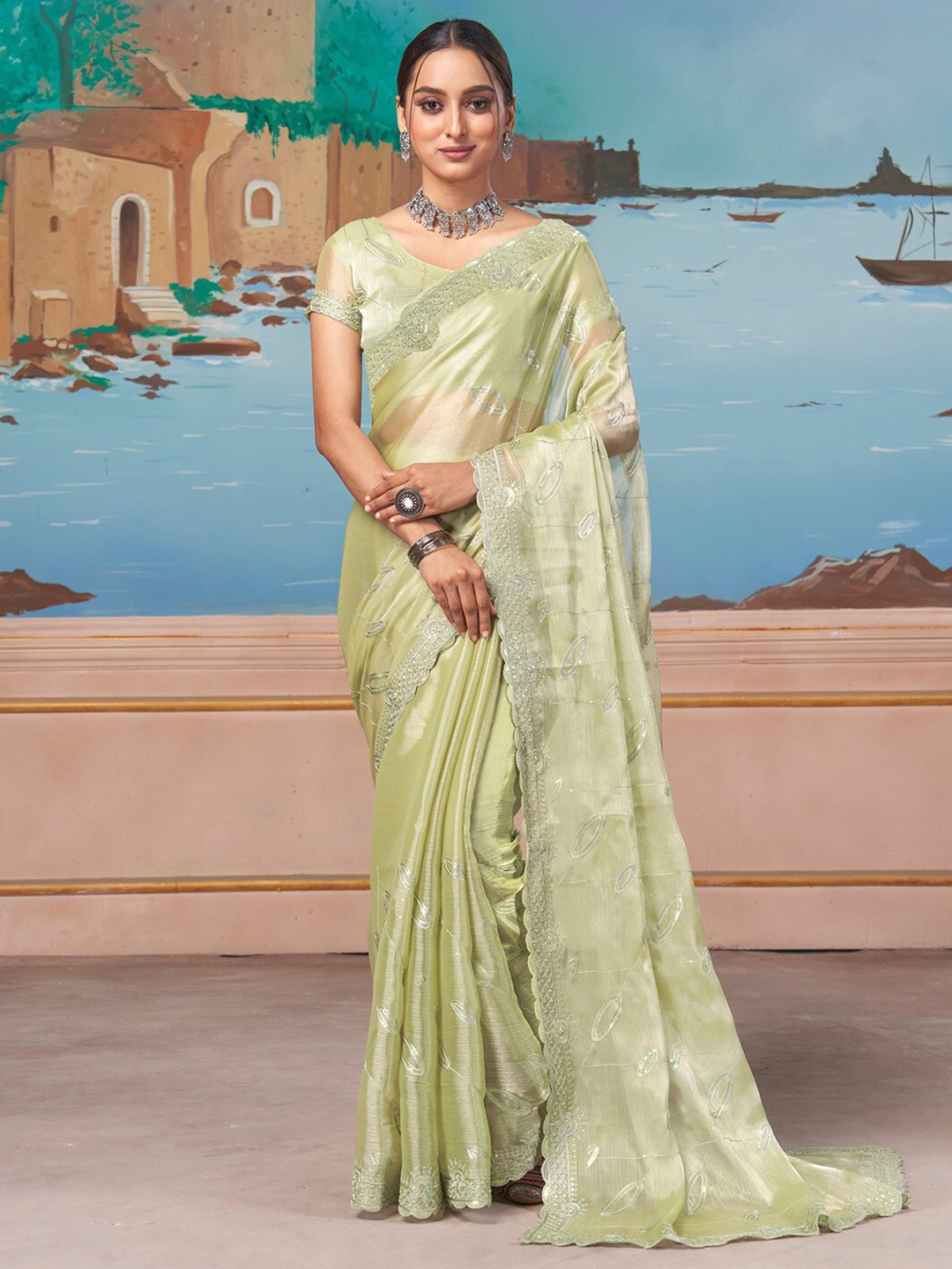 

Saree mall Sequinned Poly Chiffon Sarees, Green