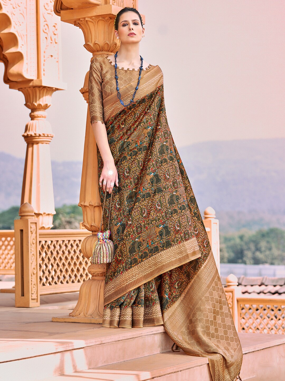 

Saree mall Ethnic Motifs Printed Zari Banarasi Sarees, Brown