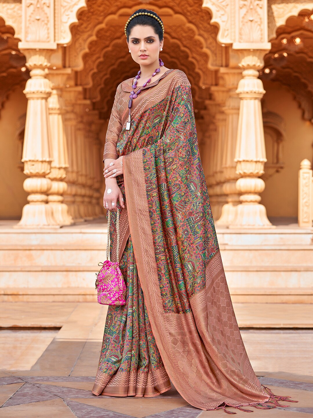 

Saree mall Ethnic Motifs Printed Zari Banarasi Sarees, Rose gold