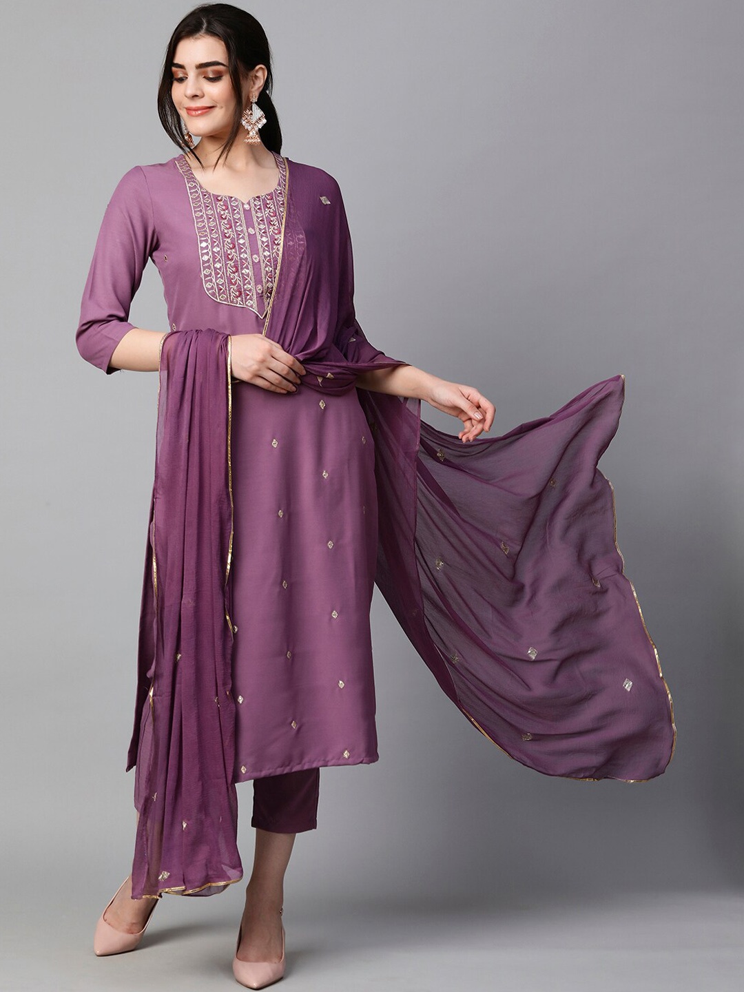 

GoSriKi Floral Embroidered Straight Kurta With Trousers & Dupatta, Purple