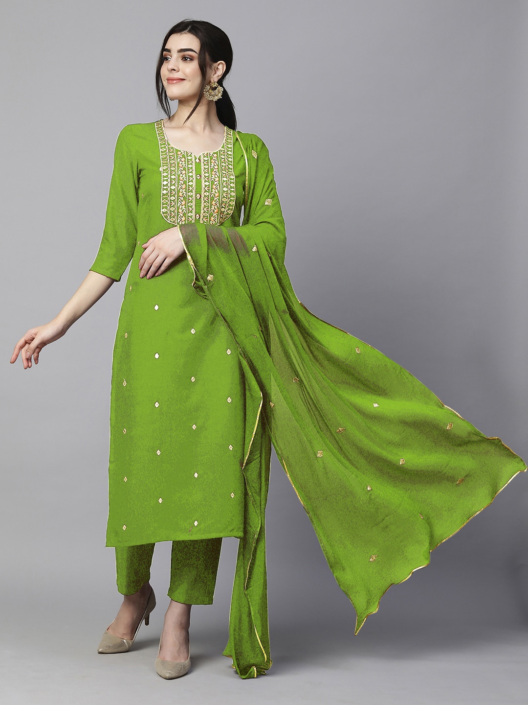 

KALINI Floral Embroidered Straight Kurta With Trousers & Dupatta, Green