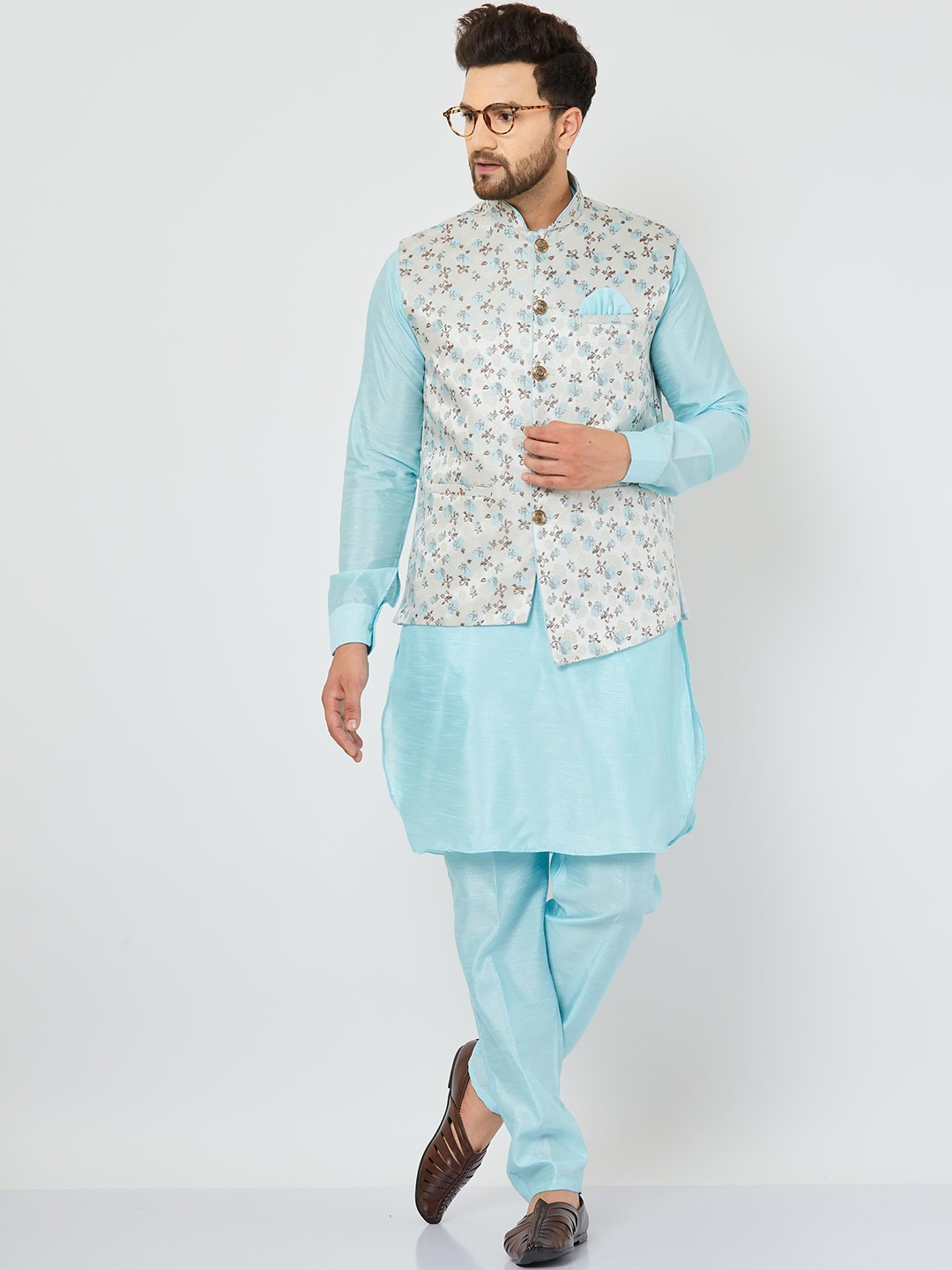 

Armaan Ethnic Floral Regular Dupion Silk Kurta with Trousers, Blue